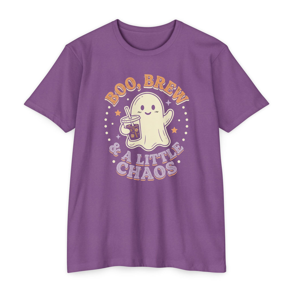 Halloween Ghost Tee — "Boo, Brew & A Little Chaos" Graphic T-Shirt