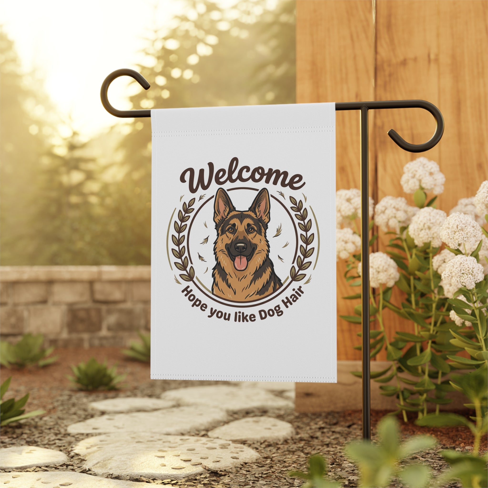 Welcome Garden Flag with a German Shepherd illustration and "Hope you like Dog Hair" text, front view.
