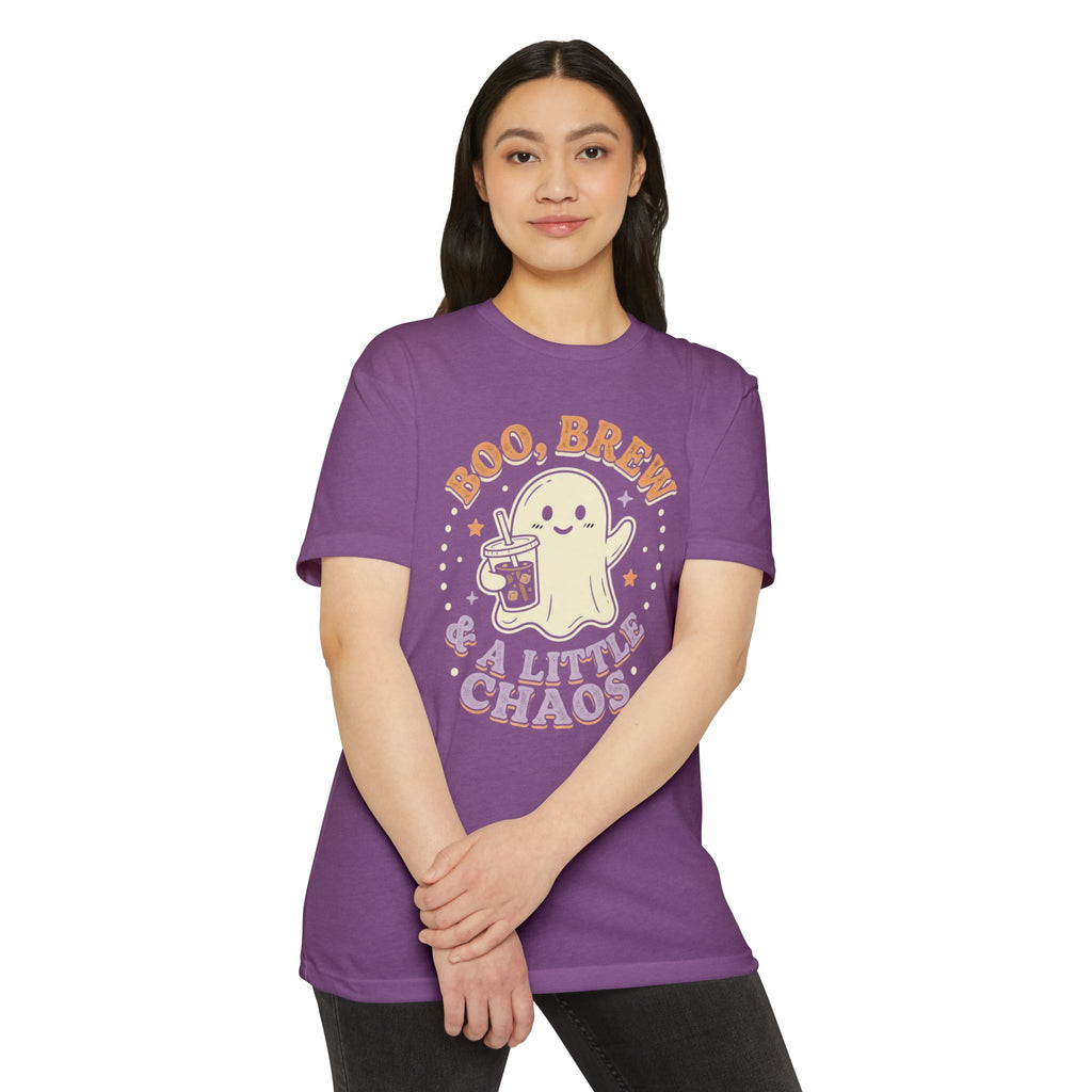 Halloween Ghost Tee — "Boo, Brew & A Little Chaos" Graphic T-Shirt