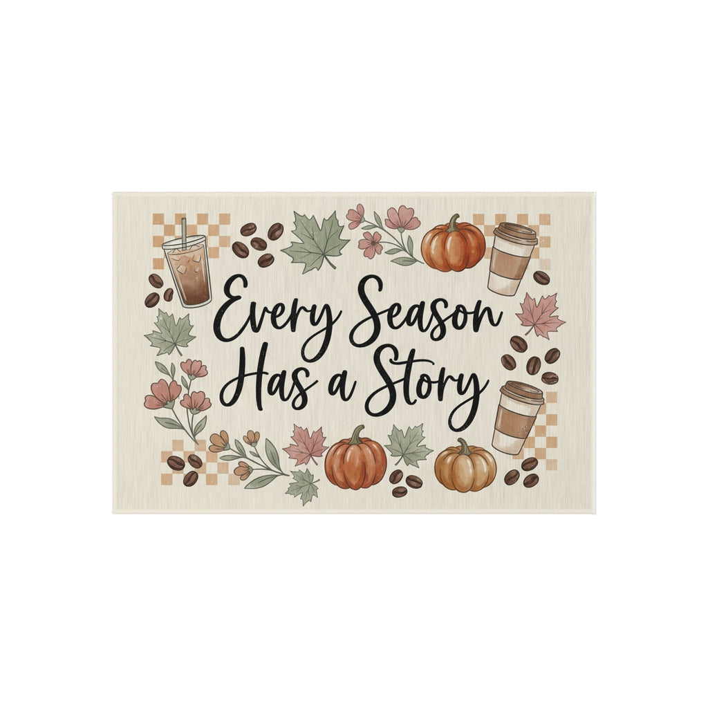 Printify "Every Season Has a Story" outdoor rug with pumpkins, coffee cups, and leaves on a light background.