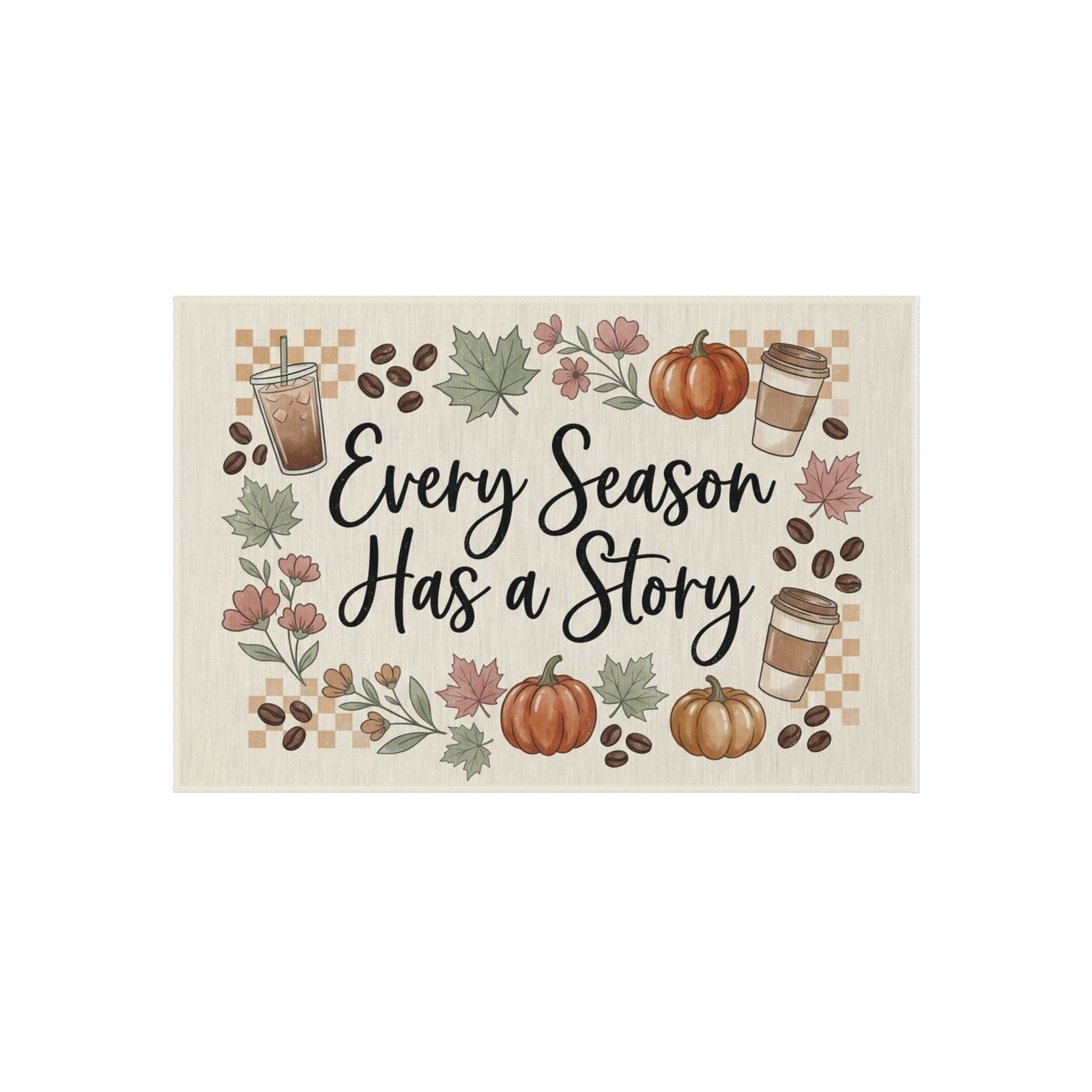 Printify "Every Season Has a Story" outdoor rug with pumpkins, coffee cups, and leaves on a light background.