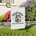 Welcome Garden Flag with a husky face and "Hope you like Dog Hair" text, hanging on a black stand.
