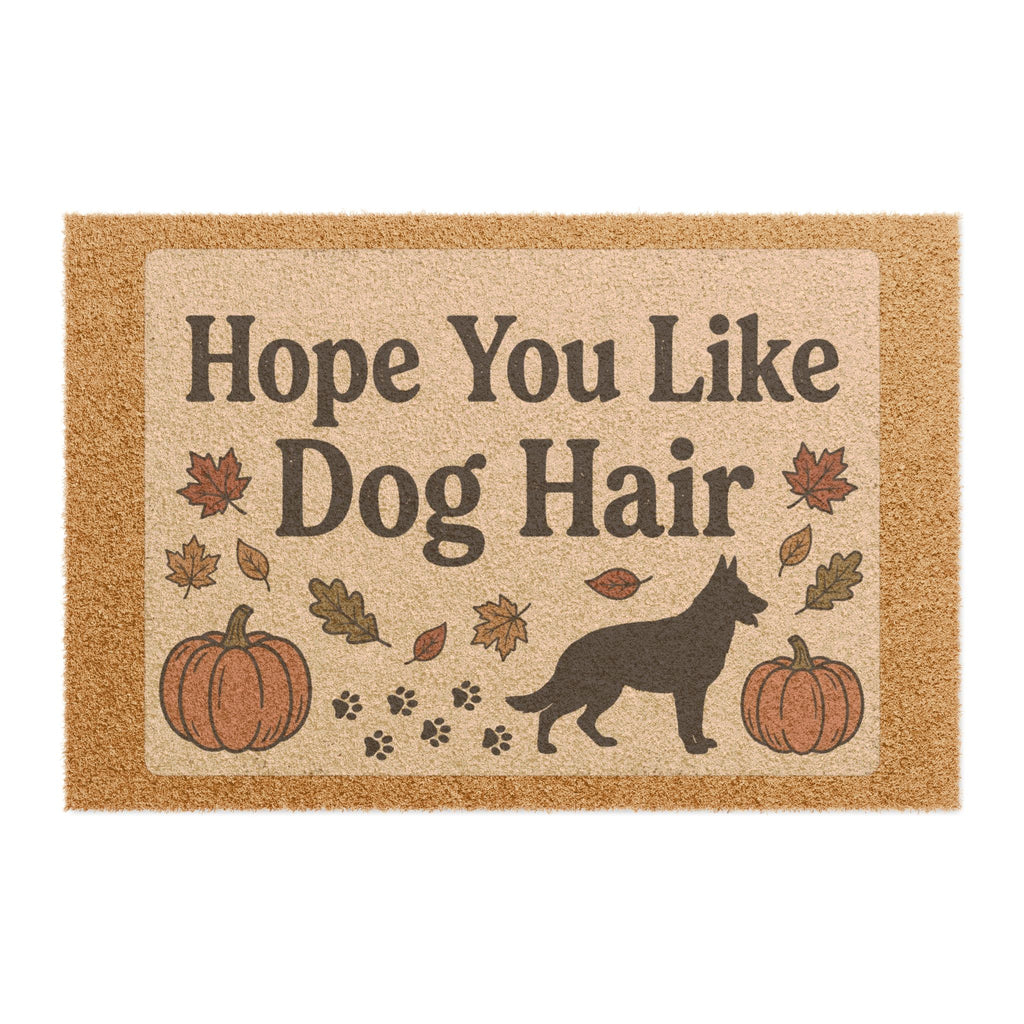 Hope You Like Dog Hair Doormat with autumn pumpkins, leaves, paw prints, and a dog silhouette.