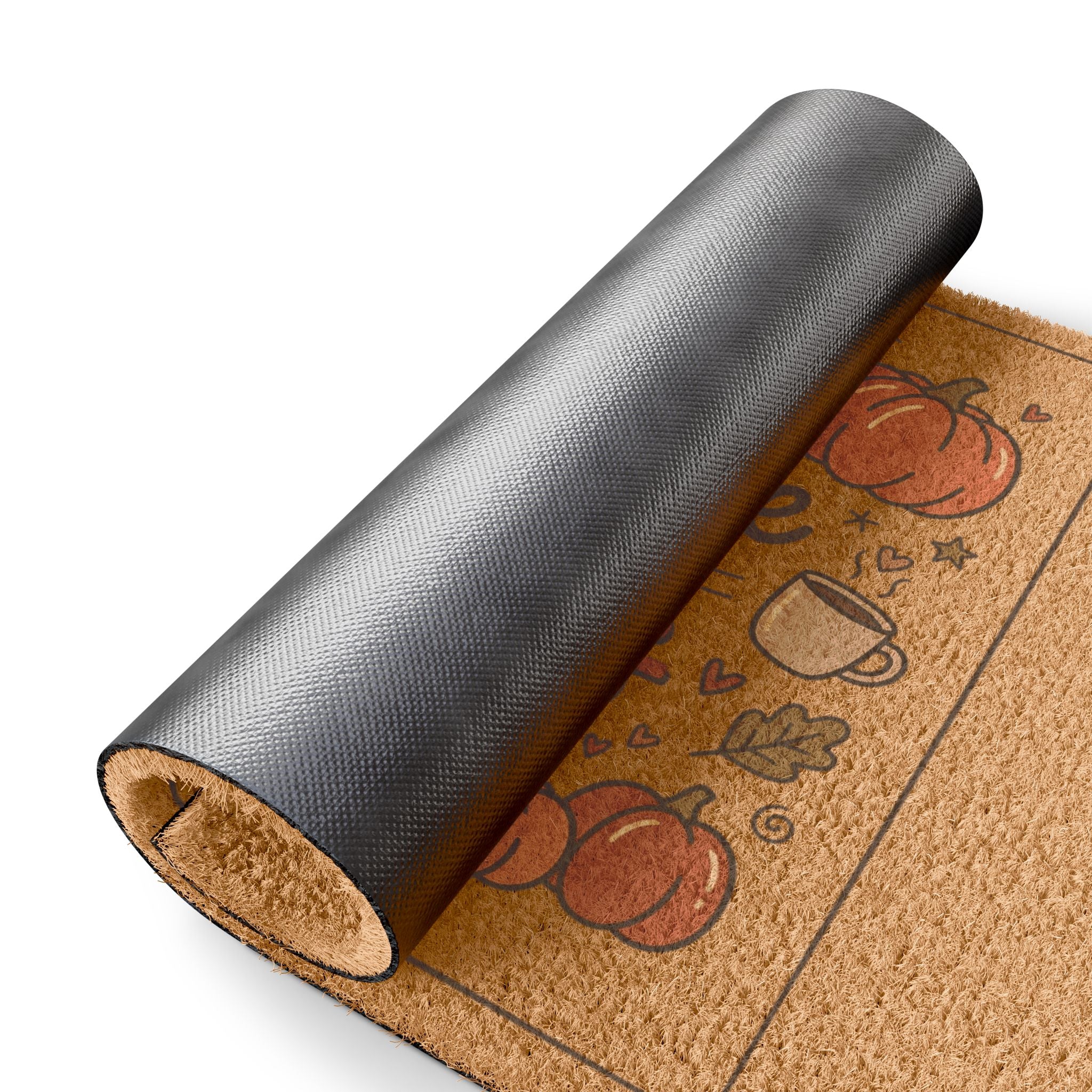 Rolled-up coir doormat with a fall design featuring pumpkins, coffee mugs, and autumn leaves, showing the black vinyl backing.