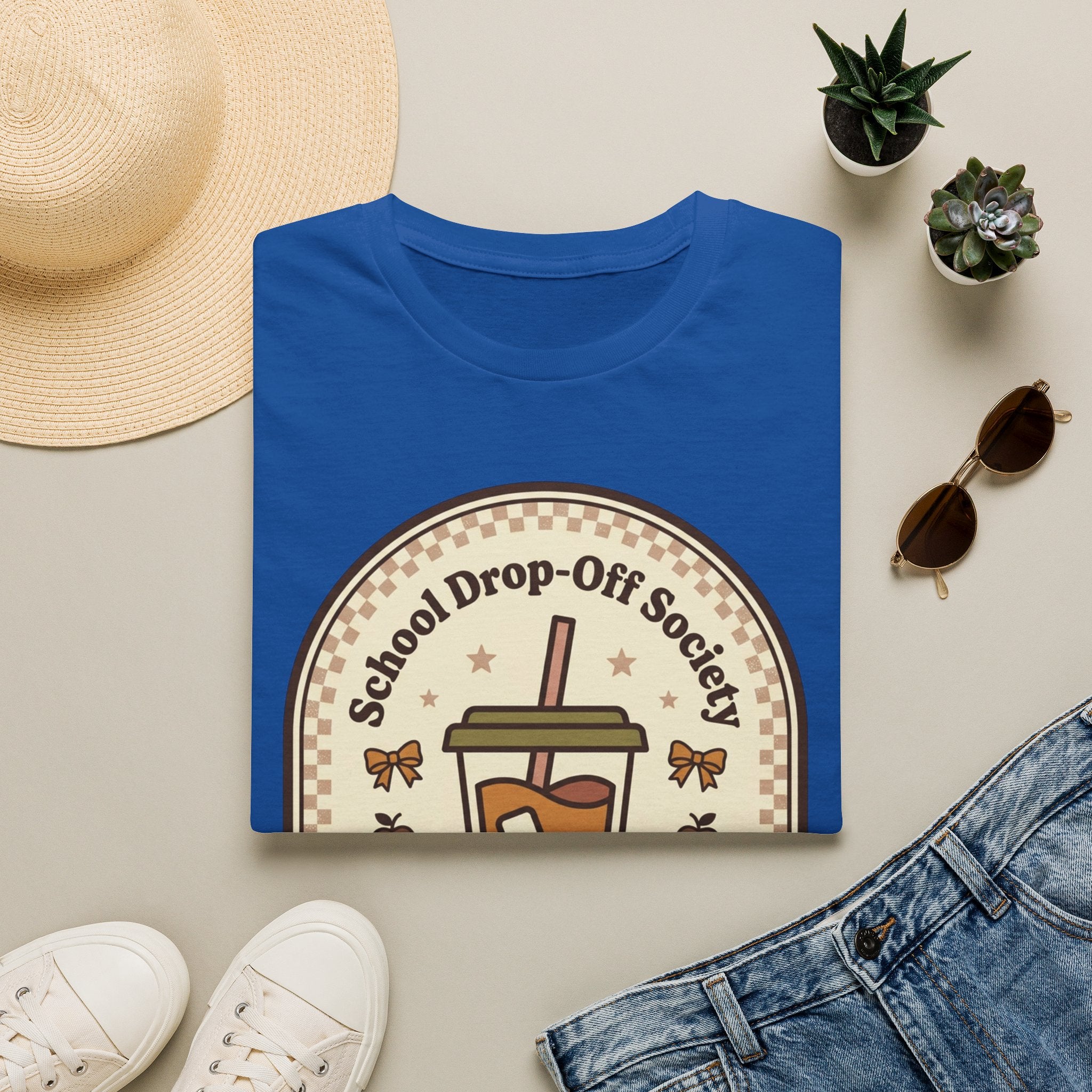 T-Shirt — "School Drop-Off Society" Iced Coffee Mom Shirt (Fueled by Caffeine Since 7:15 AM)