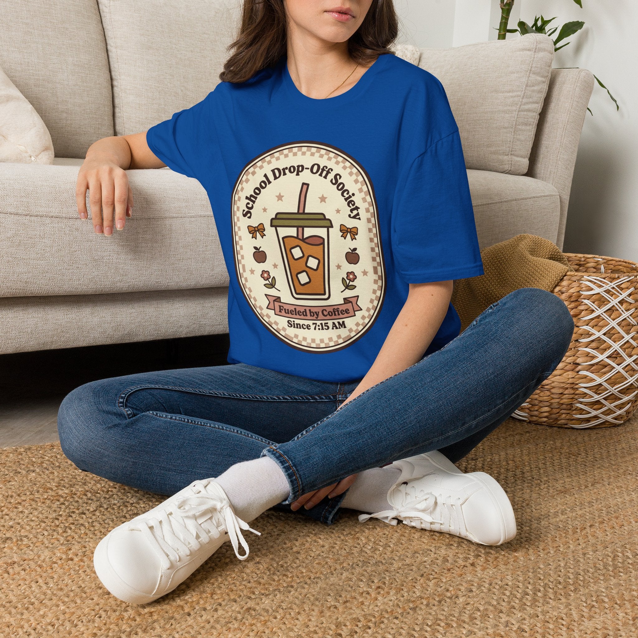 T-Shirt — "School Drop-Off Society" Iced Coffee Mom Shirt (Fueled by Caffeine Since 7:15 AM)
