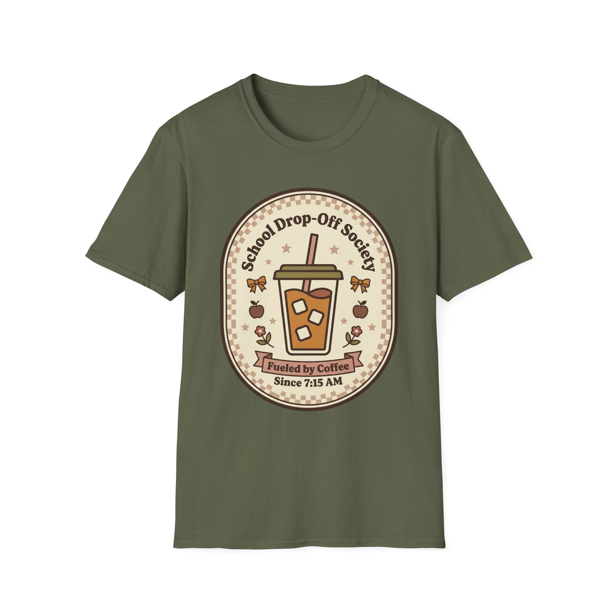 T-Shirt — "School Drop-Off Society" Iced Coffee Mom Shirt (Fueled by Caffeine Since 7:15 AM)