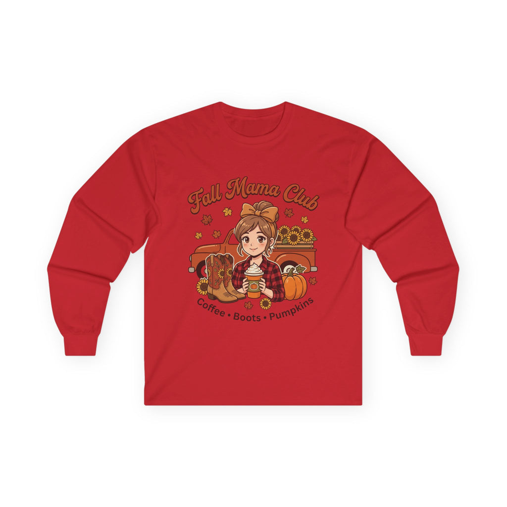 Fall Mama Club Long Sleeve Tee — Coffee, Boots & Pumpkins Graphic
