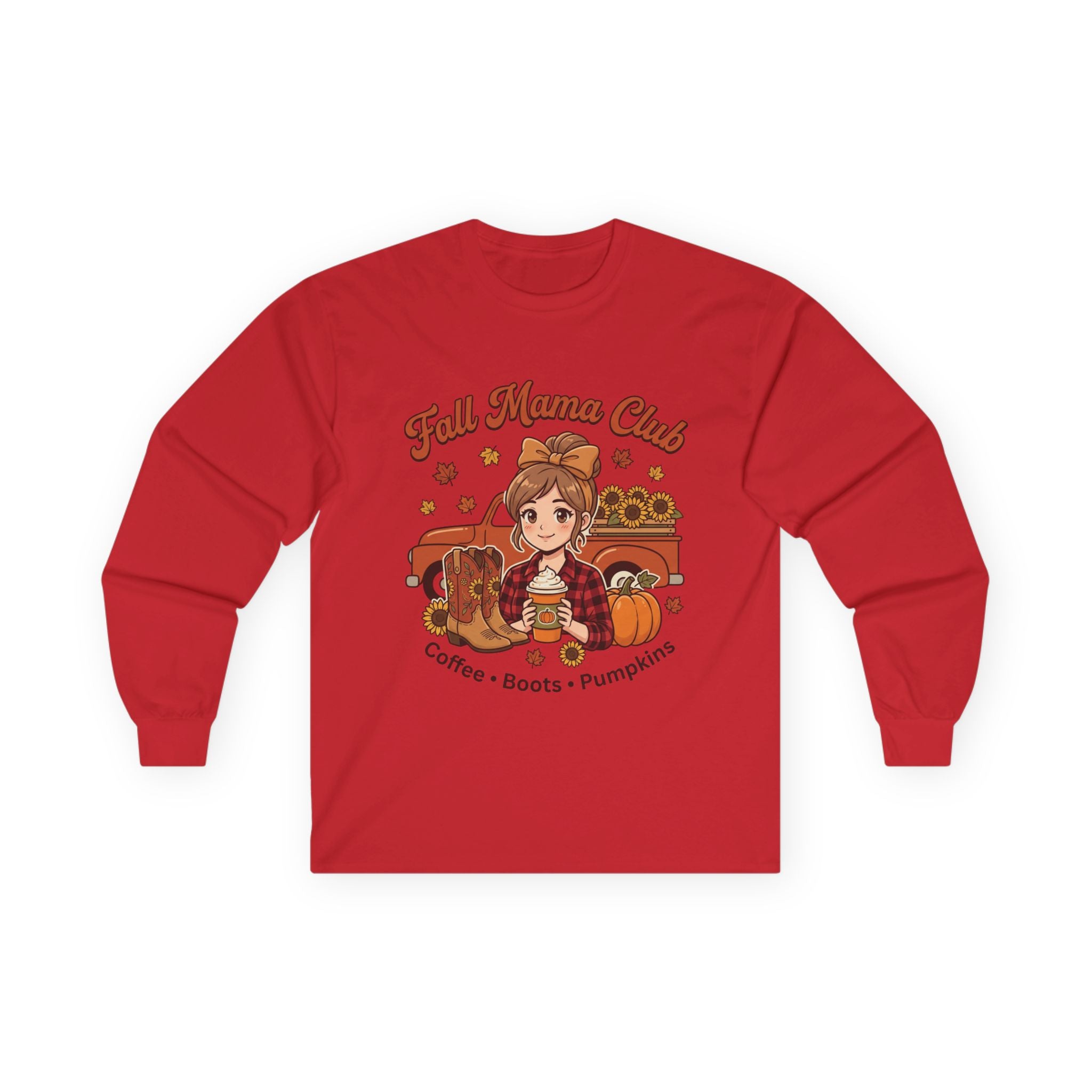 Fall Mama Club Long Sleeve Tee — Coffee, Boots & Pumpkins Graphic