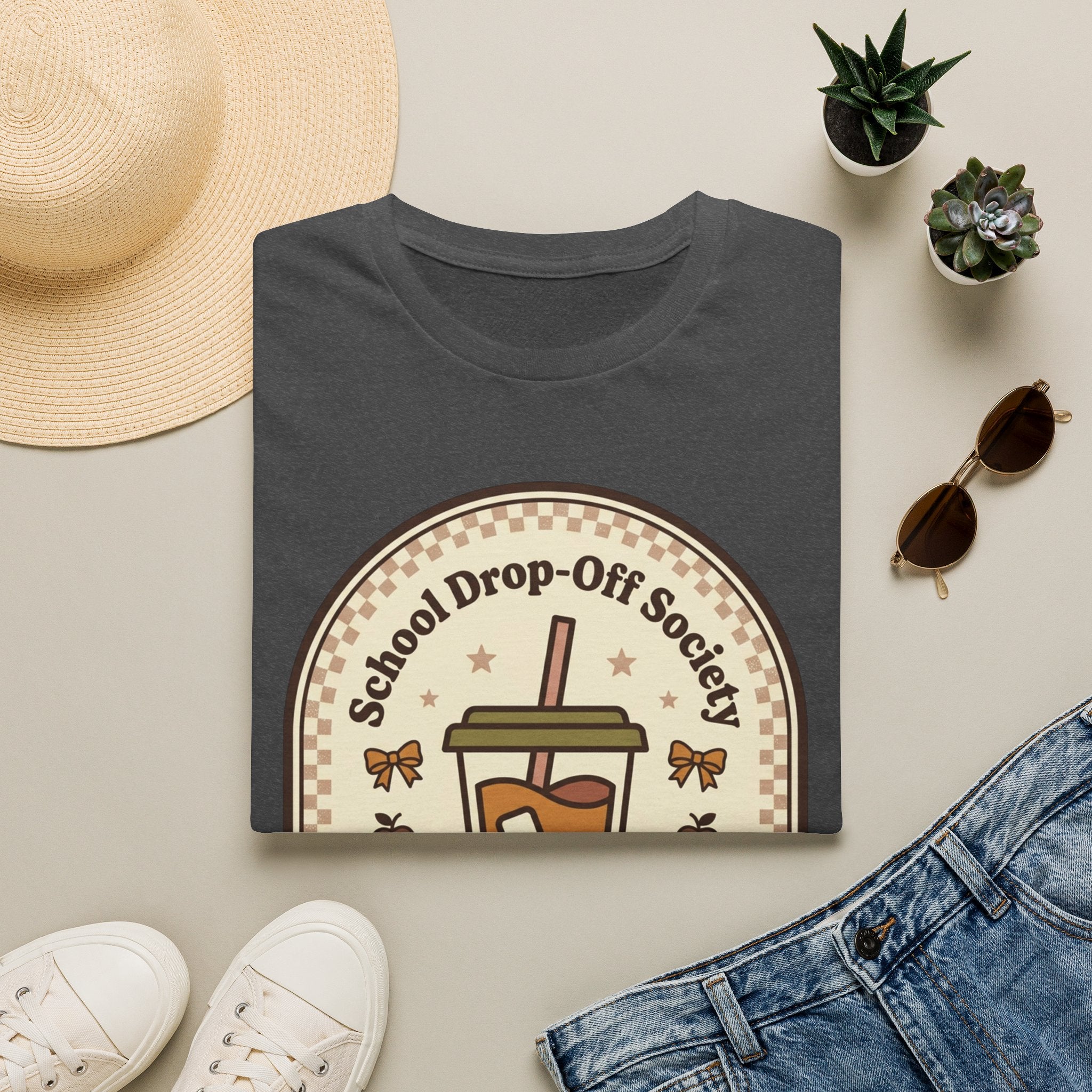 T-Shirt — "School Drop-Off Society" Iced Coffee Mom Shirt (Fueled by Caffeine Since 7:15 AM)