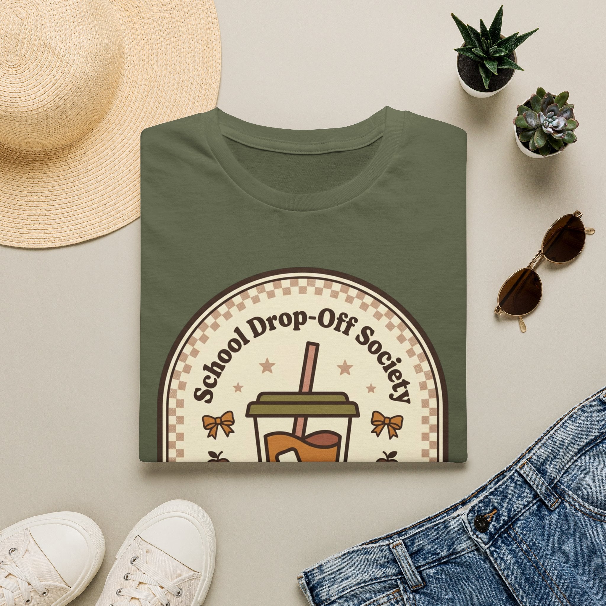 T-Shirt — "School Drop-Off Society" Iced Coffee Mom Shirt (Fueled by Caffeine Since 7:15 AM)