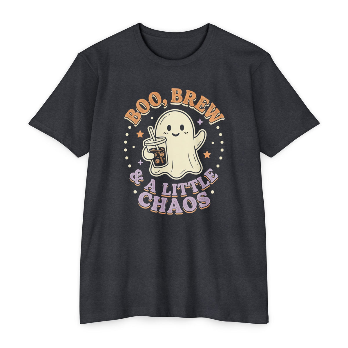 Halloween Ghost Tee — "Boo, Brew & A Little Chaos" Graphic T-Shirt