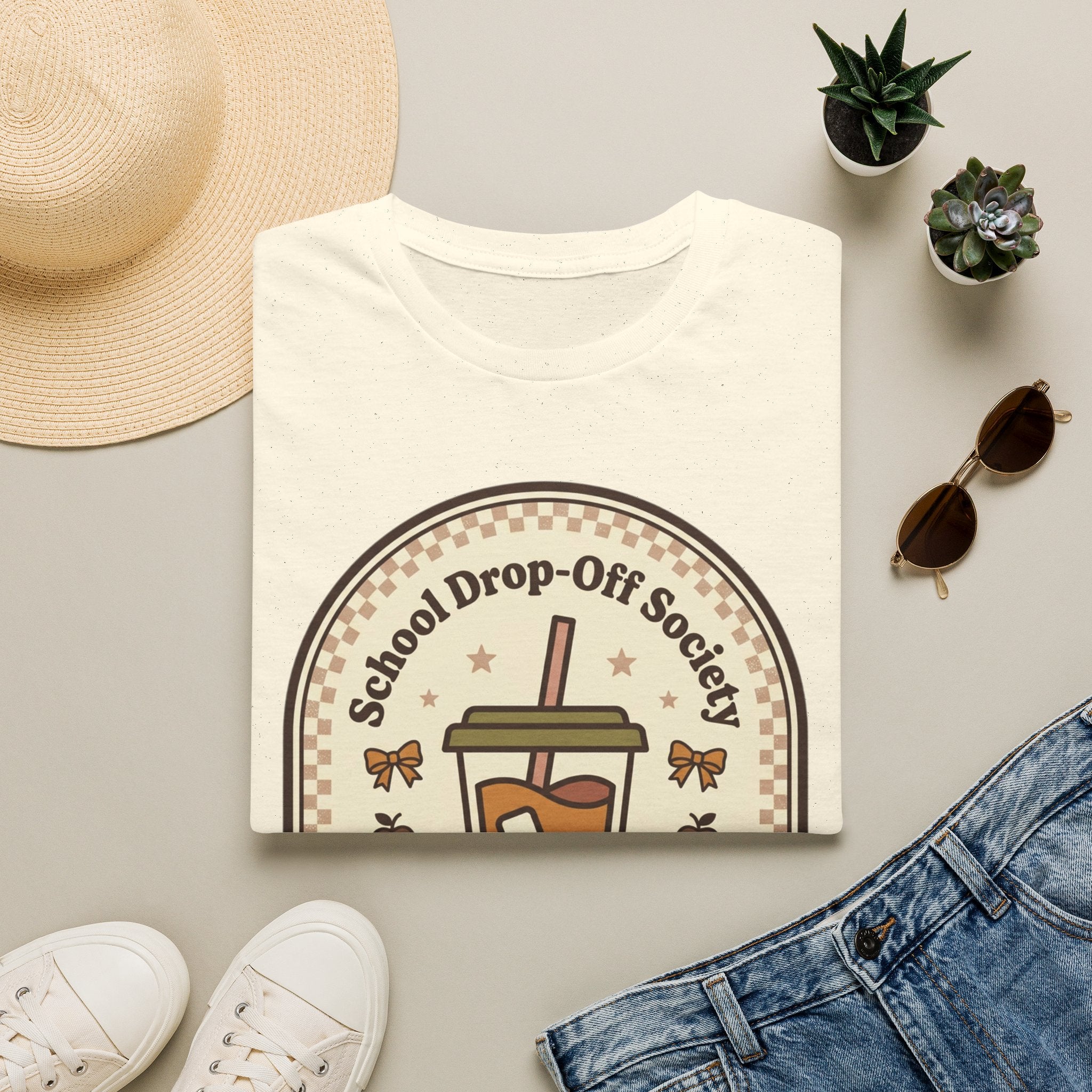 T-Shirt — "School Drop-Off Society" Iced Coffee Mom Shirt (Fueled by Caffeine Since 7:15 AM)