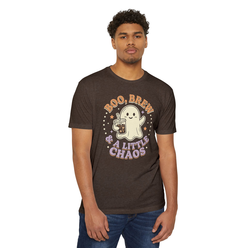 Halloween Ghost Tee — "Boo, Brew & A Little Chaos" Graphic T-Shirt