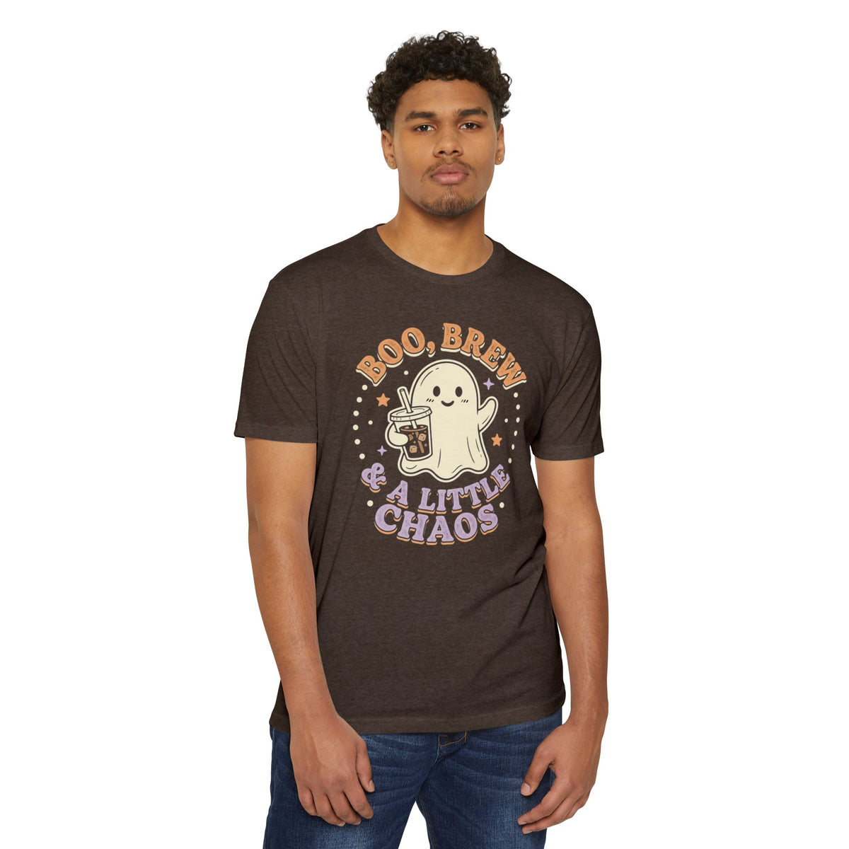 Halloween Ghost Tee — "Boo, Brew & A Little Chaos" Graphic T-Shirt