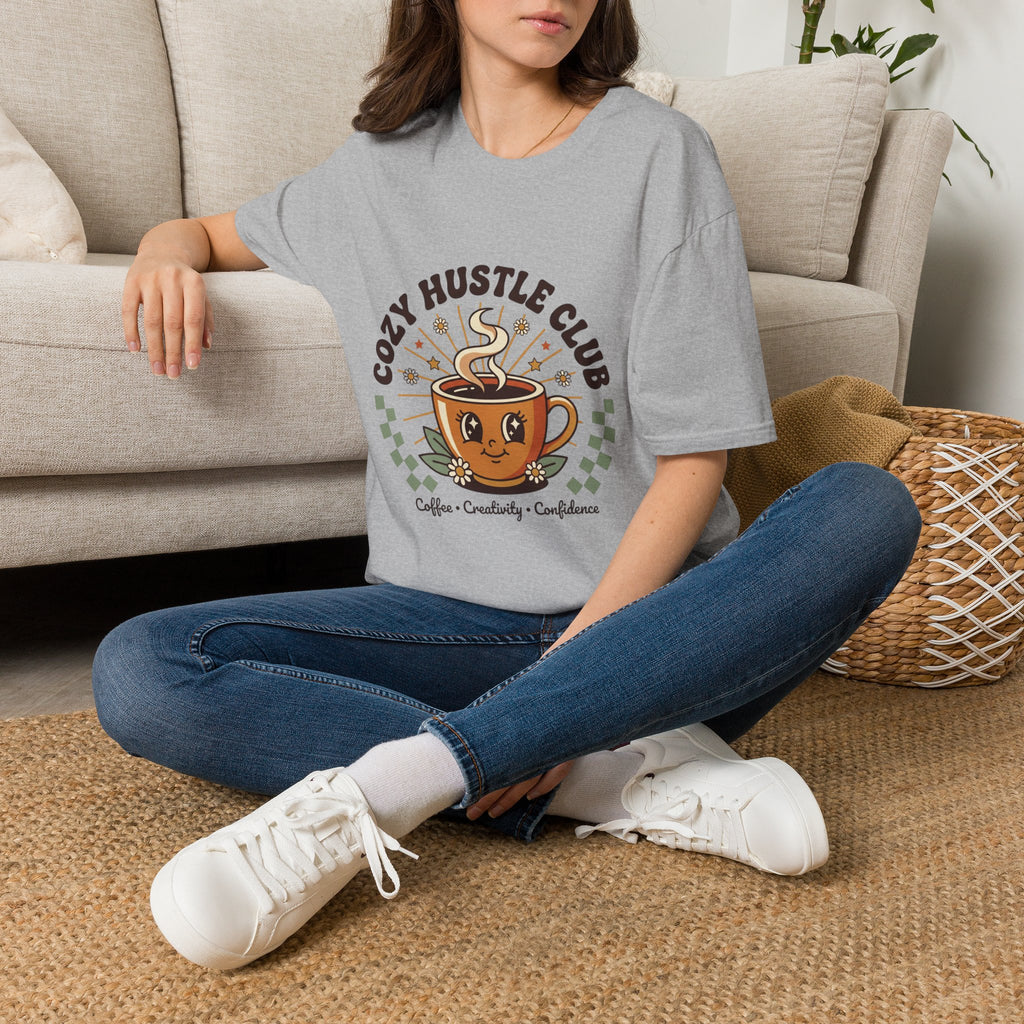 Cozy Hustle Club T-Shirt — Cute Coffee Cup Design for Remote Workers & Creatives