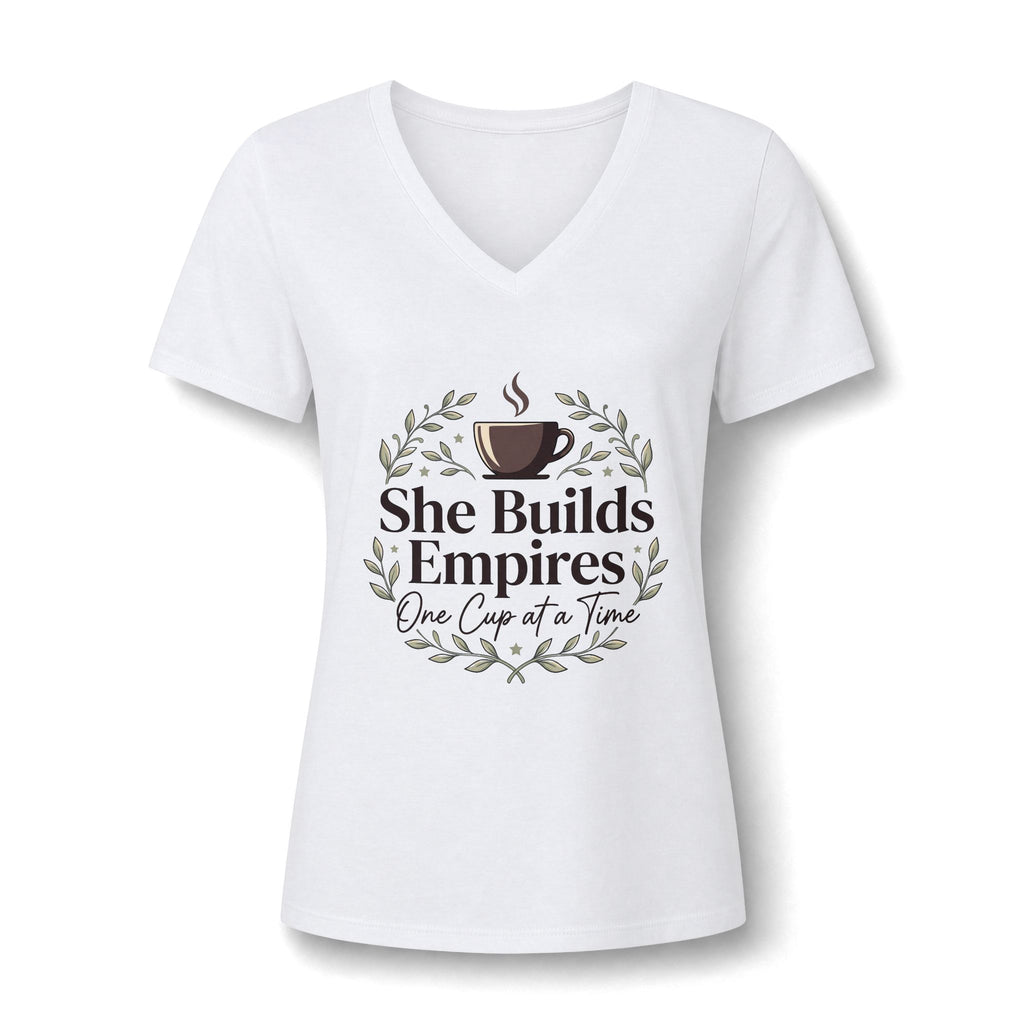 She Builds Empires Coffee Tee — "One Cup at a Time" Women's V-Neck