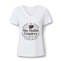 She Builds Empires Coffee Tee — "One Cup at a Time" Women's V-Neck