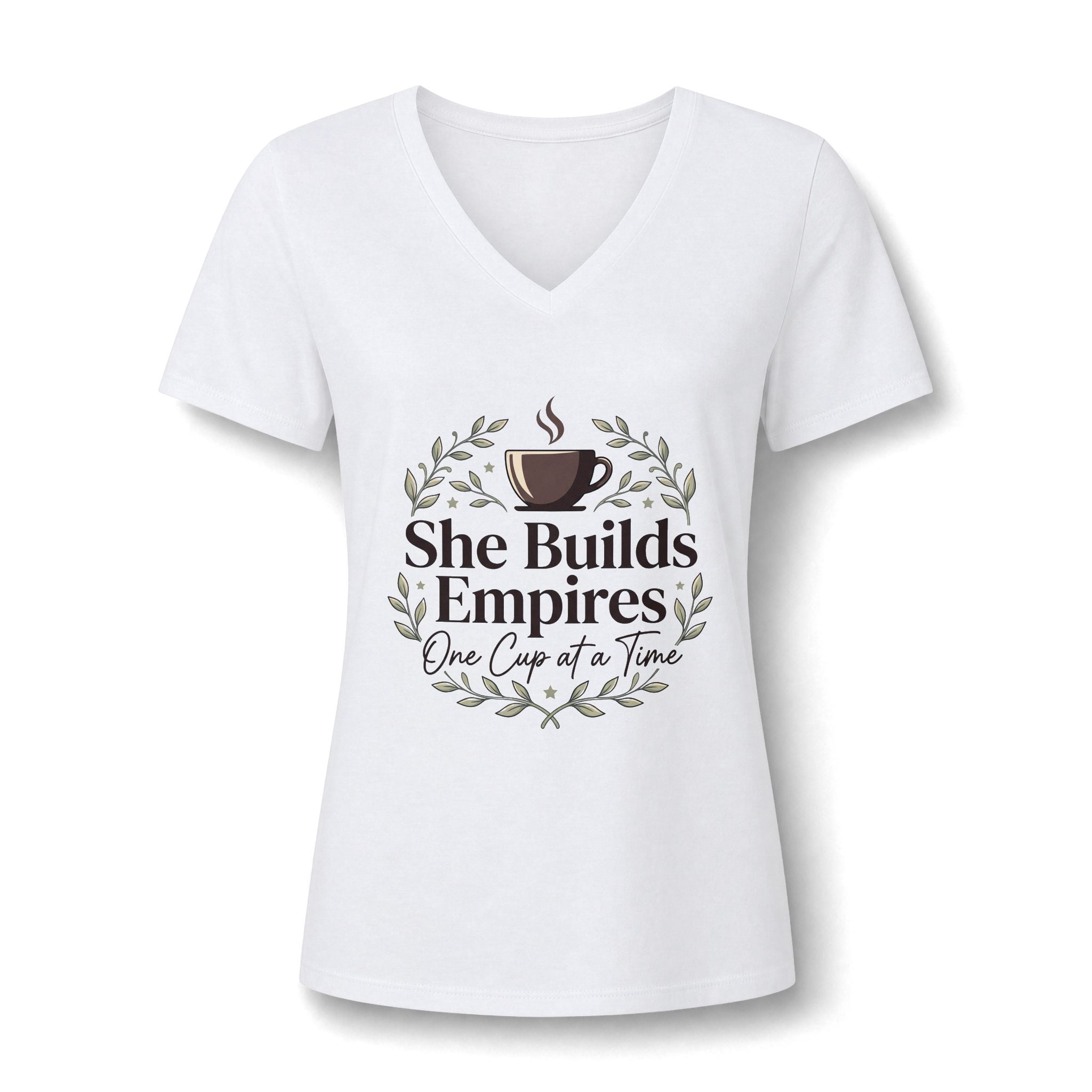 She Builds Empires Coffee Tee — "One Cup at a Time" Women's V-Neck