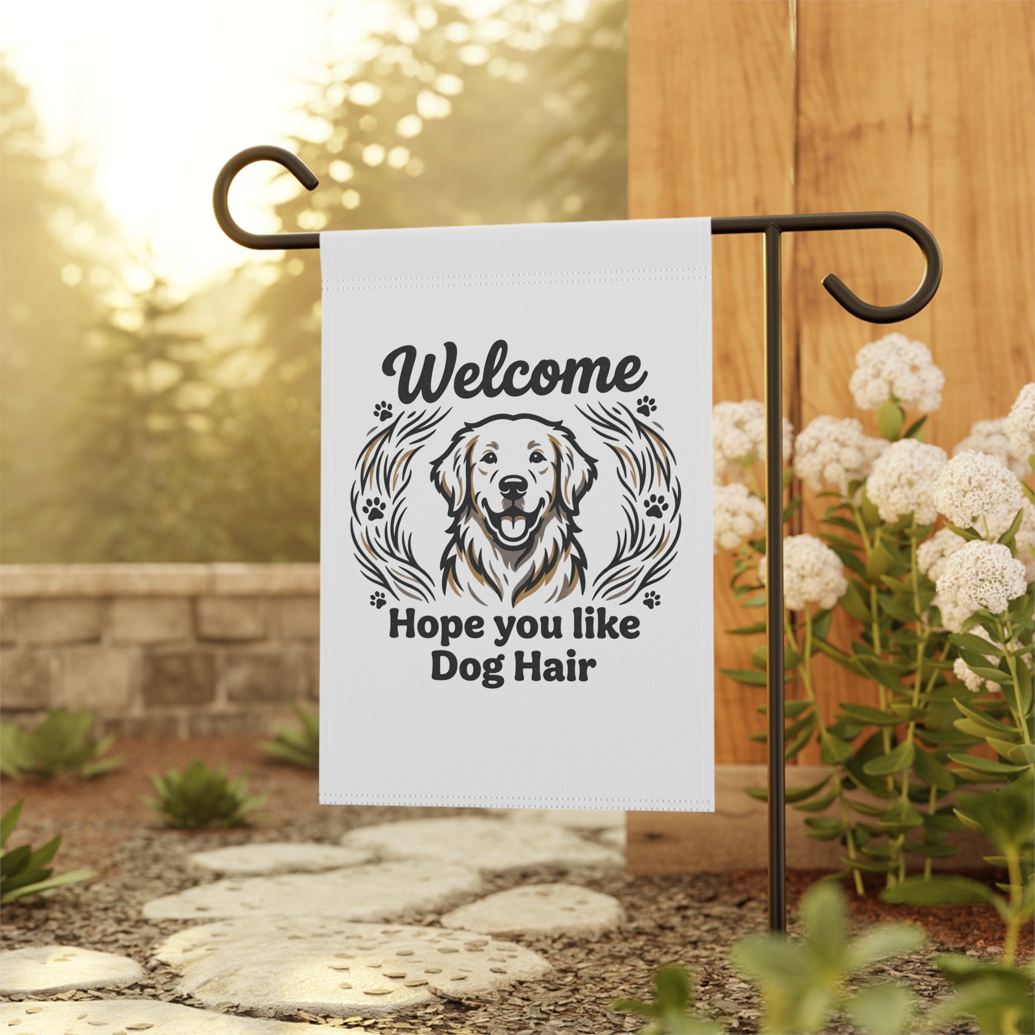 Garden Flag - "Welcome, Hope You Like Dog Hair" Golden Retriever Welcome Banner, front view.