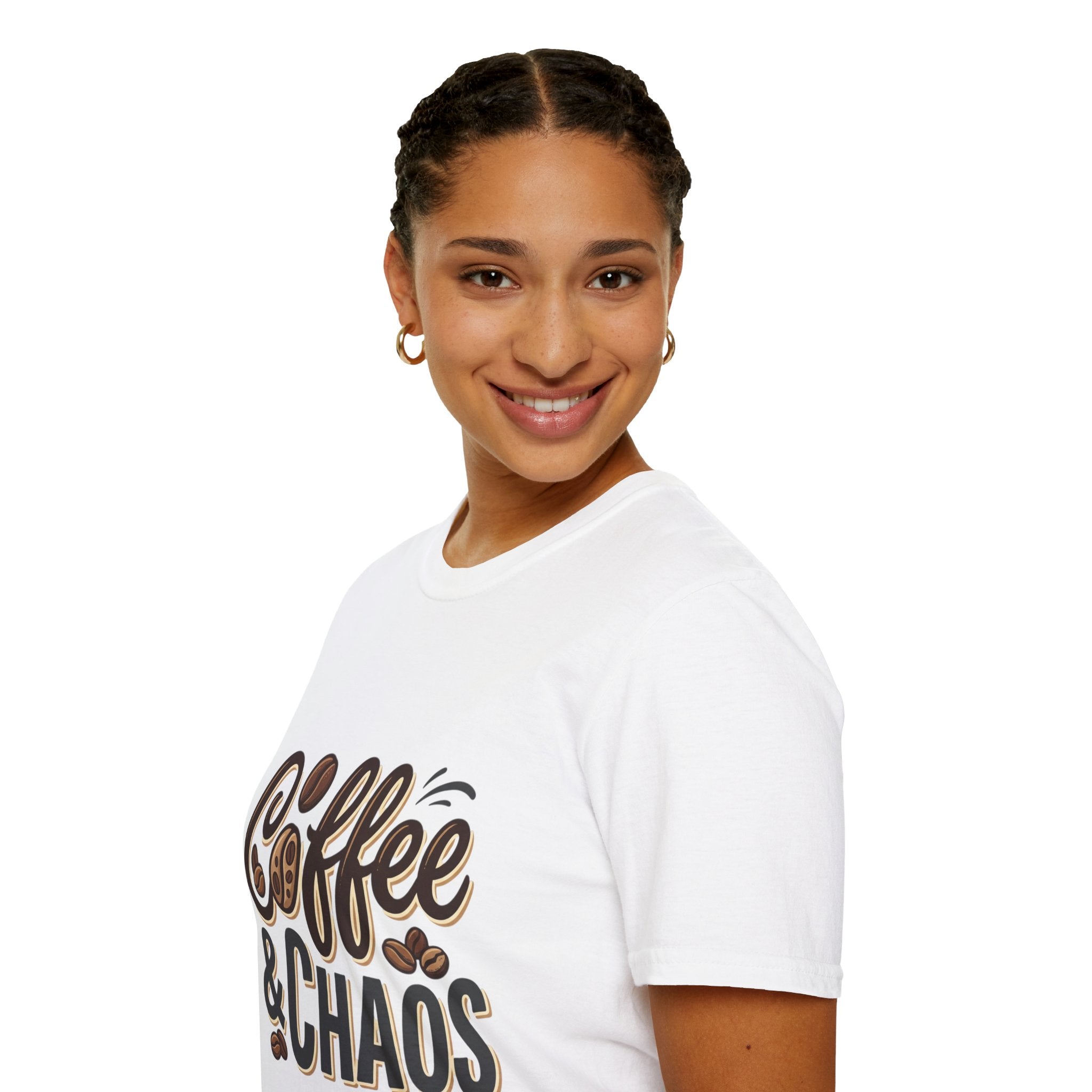 Smiling woman wearing a white "Coffee & Chaos" T-shirt with coffee bean graphics, front angle.