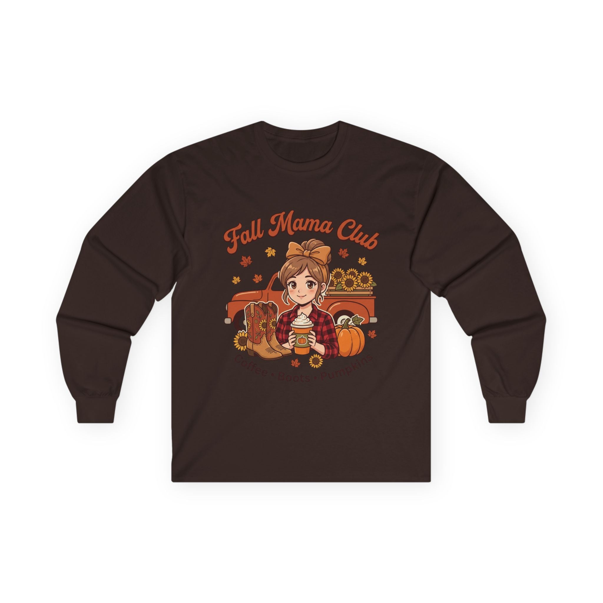 Front view of a brown "Fall Mama Club" long sleeve tee with a graphic of a woman, truck, boots, and pumpkins.