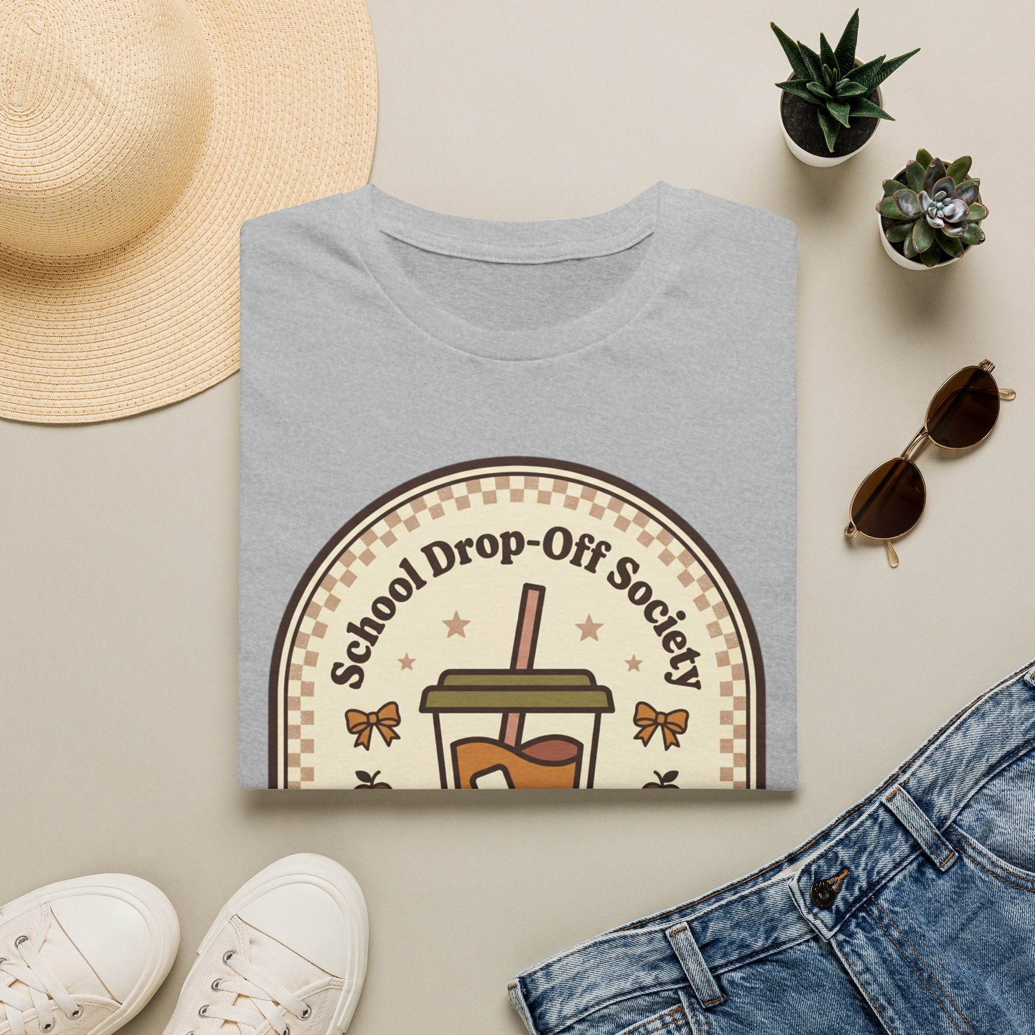 T-Shirt — "School Drop-Off Society" Iced Coffee Mom Shirt (Fueled by Caffeine Since 7:15 AM)
