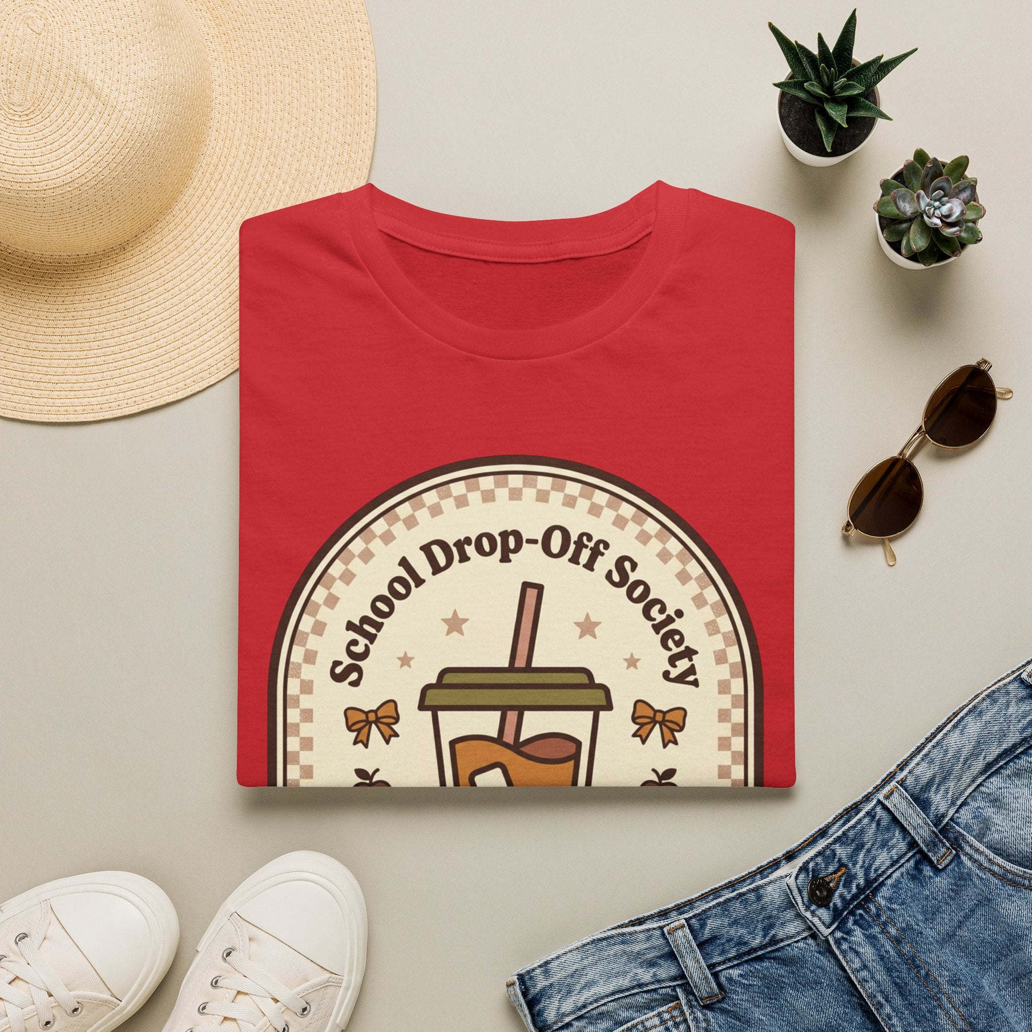 T-Shirt — "School Drop-Off Society" Iced Coffee Mom Shirt (Fueled by Caffeine Since 7:15 AM)