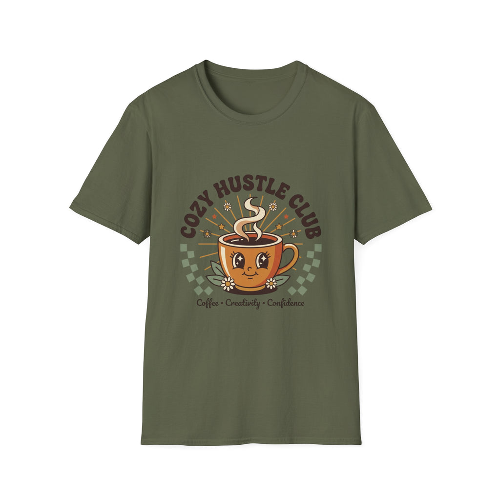 Cozy Hustle Club T-Shirt — Cute Coffee Cup Design for Remote Workers & Creatives