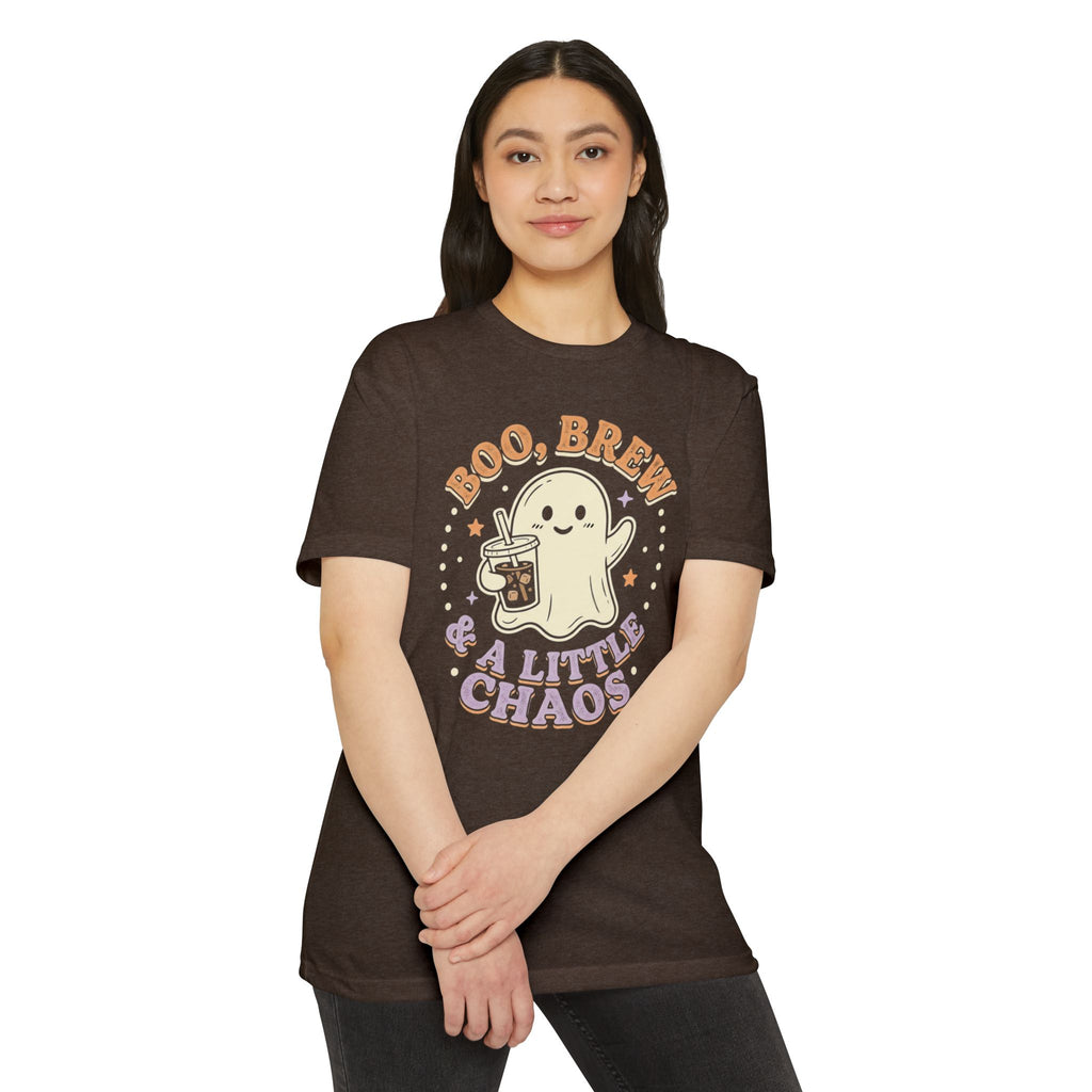 Halloween Ghost Tee — "Boo, Brew & A Little Chaos" Graphic T-Shirt