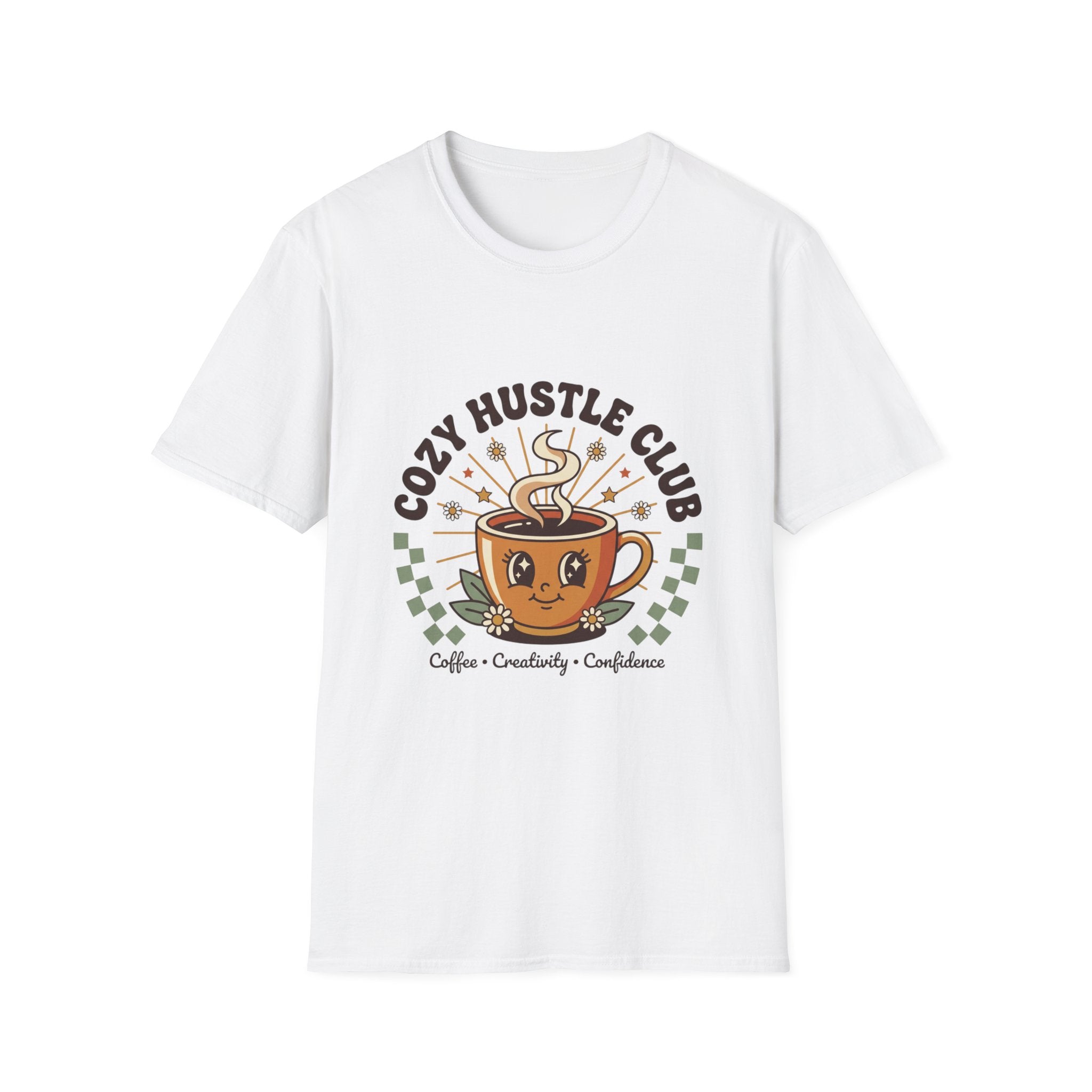 Cozy Hustle Club T-Shirt — Cute Coffee Cup Design for Remote Workers & Creatives