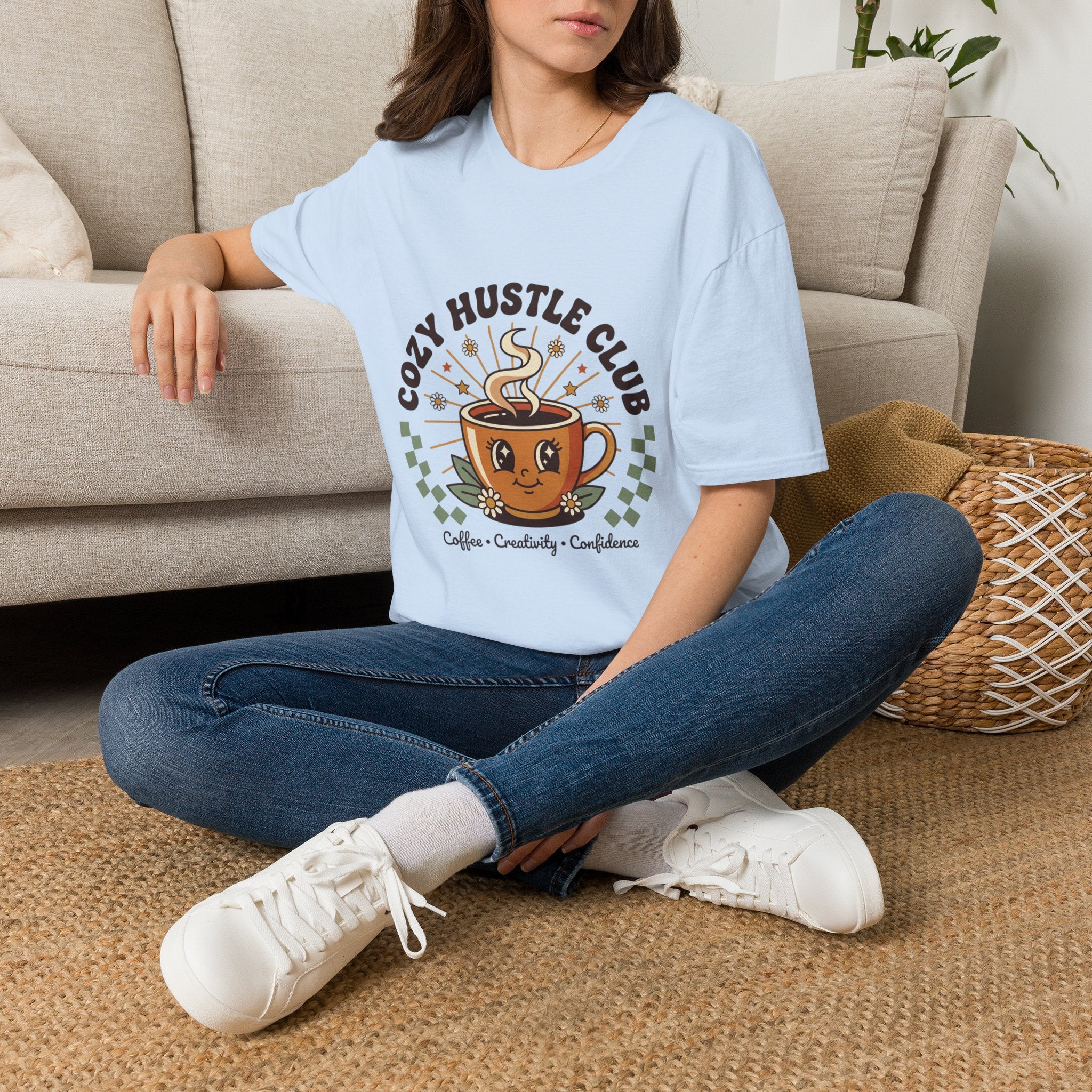 Cozy Hustle Club T-Shirt — Cute Coffee Cup Design for Remote Workers & Creatives