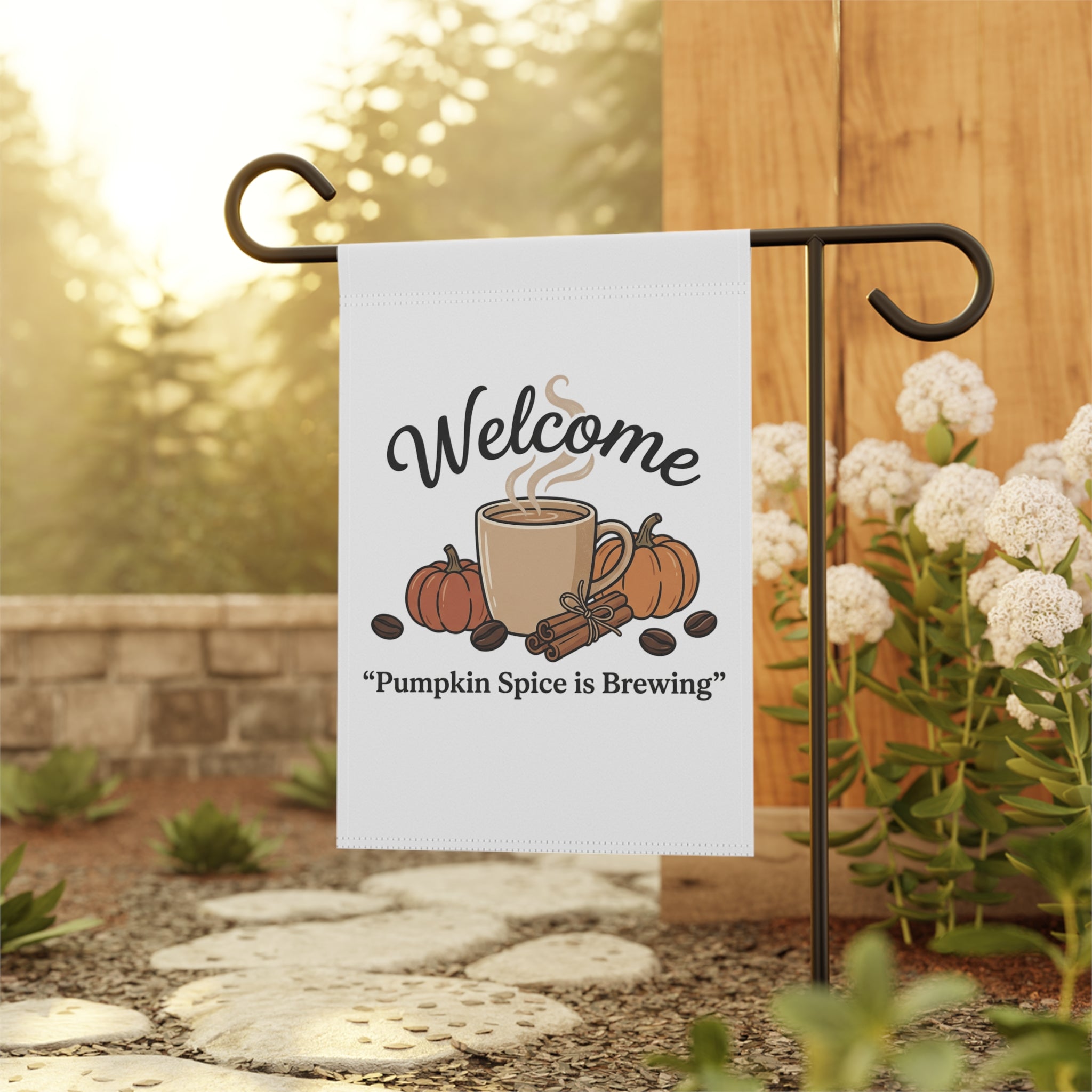 Welcome Pumpkin Spice Is Brewing Fall Garden Flag, showing a steaming mug, pumpkins, cinnamon, and coffee beans.
