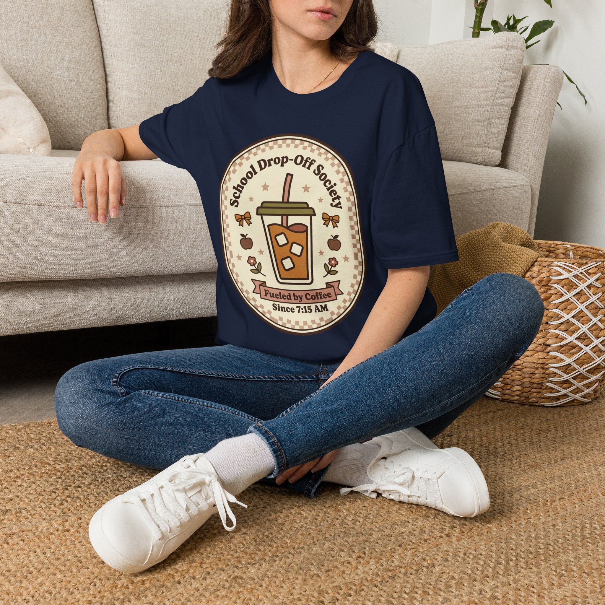 T-Shirt — "School Drop-Off Society" Iced Coffee Mom Shirt (Fueled by Caffeine Since 7:15 AM)
