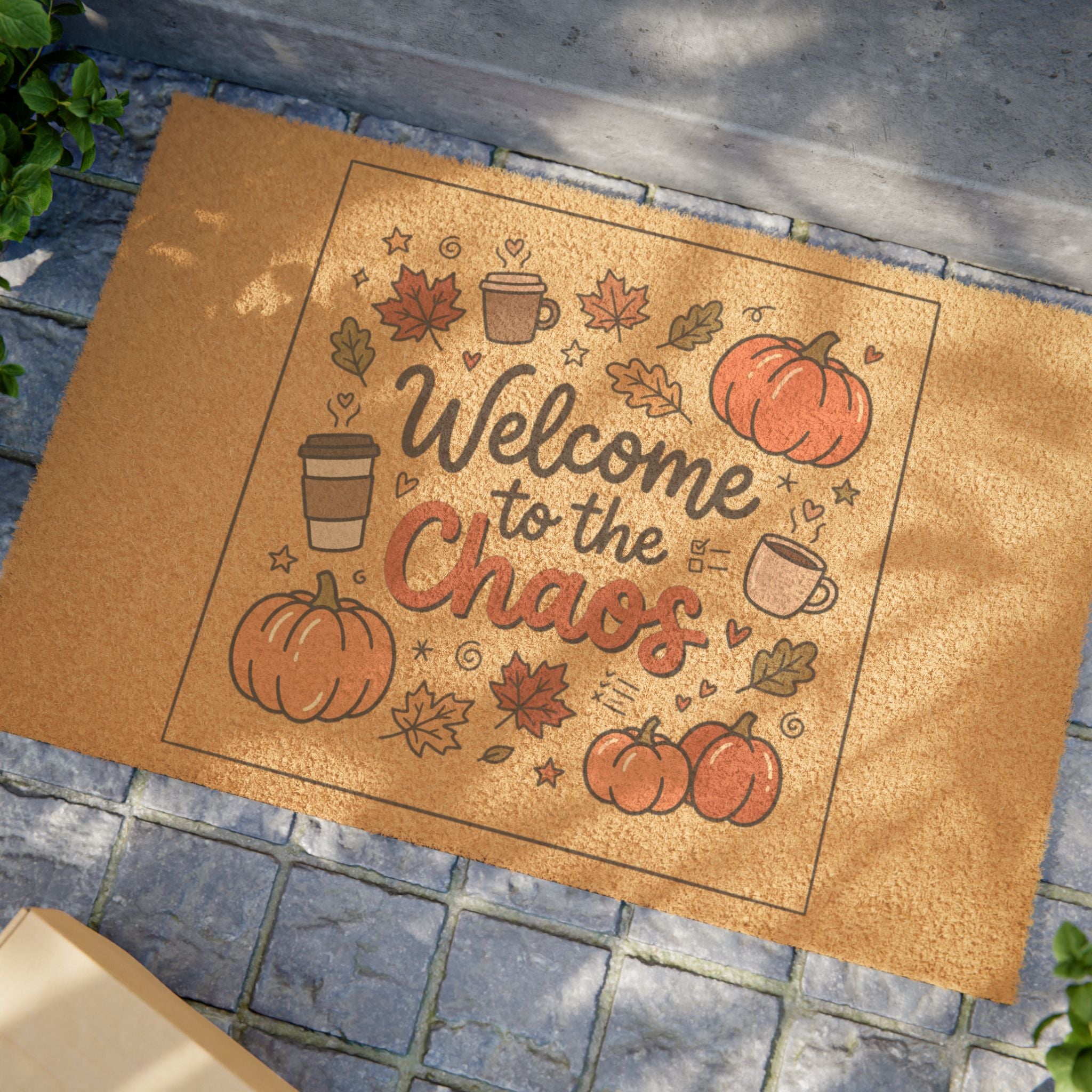 Overhead view of a coir doormat with "Welcome to the Chaos" text, pumpkins, coffee mugs, and fall leaves.