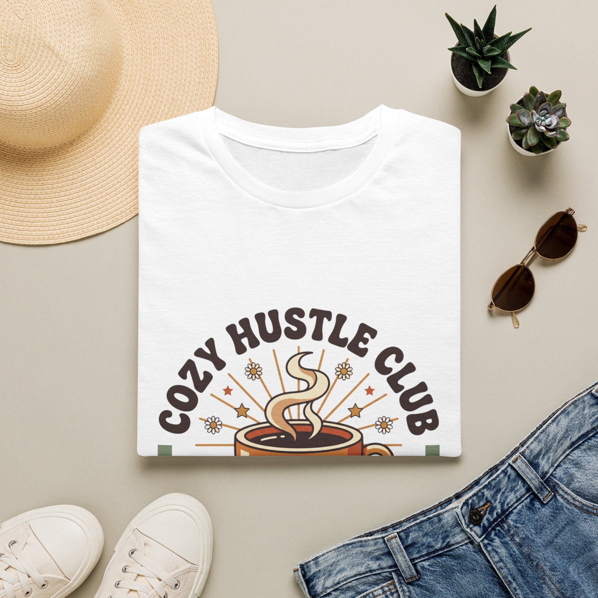Cozy Hustle Club T-Shirt — Cute Coffee Cup Design for Remote Workers & Creatives