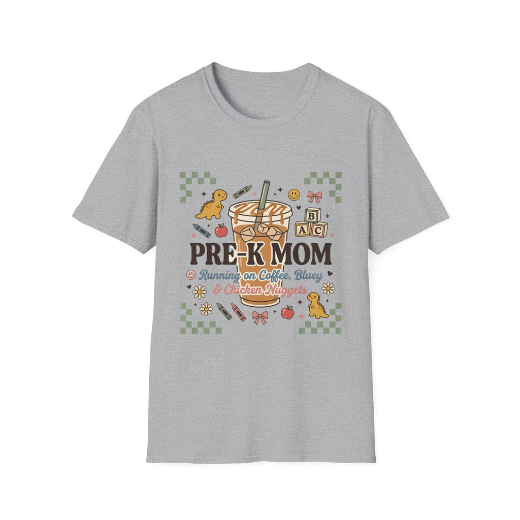 Pre-K Mom T-Shirt – I Survive on Coffee, Snacks & Classroom Chaos Mom Tee