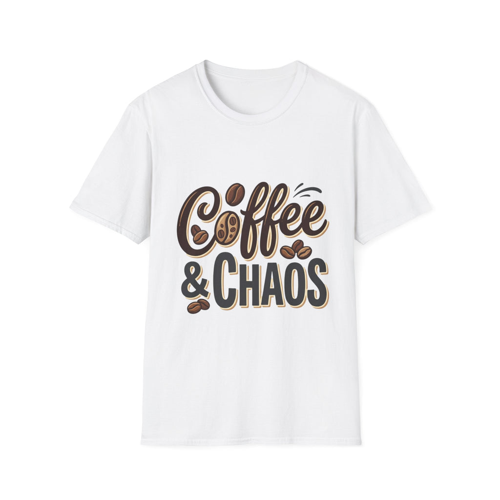 Front view of a white short-sleeve t-shirt with "Coffee & Chaos" in brown and black script, accented with coffee beans.