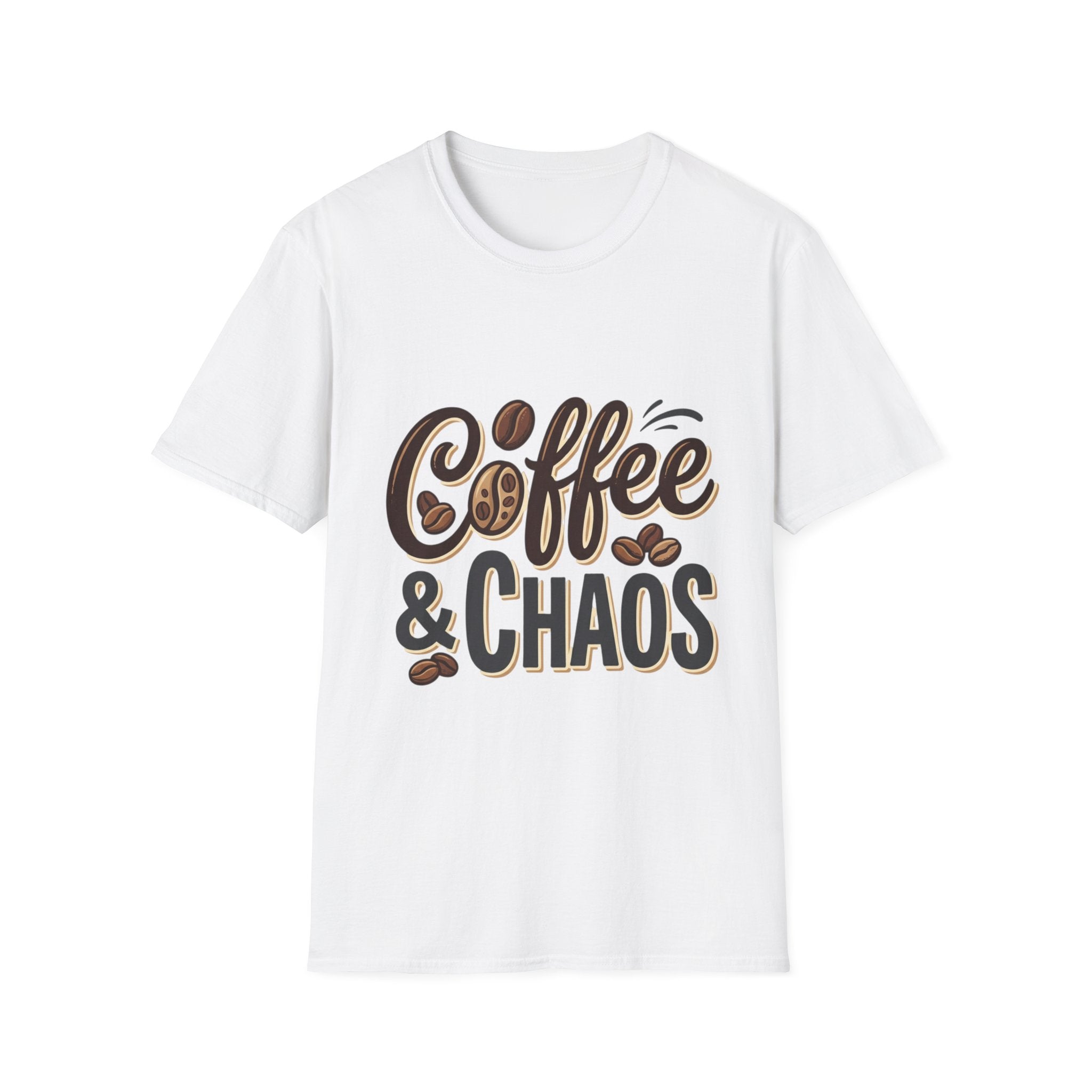 Front view of a white short-sleeve t-shirt with "Coffee & Chaos" in brown and black script, accented with coffee beans.