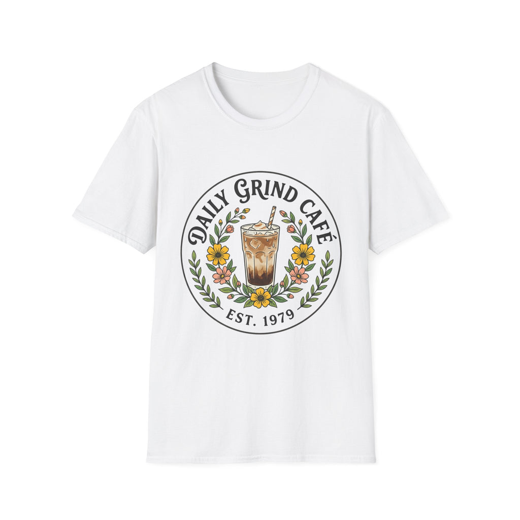 Front view of a white Daily Grind Cafe t-shirt with a vintage coffee logo, featuring an iced coffee surrounded by florals.
