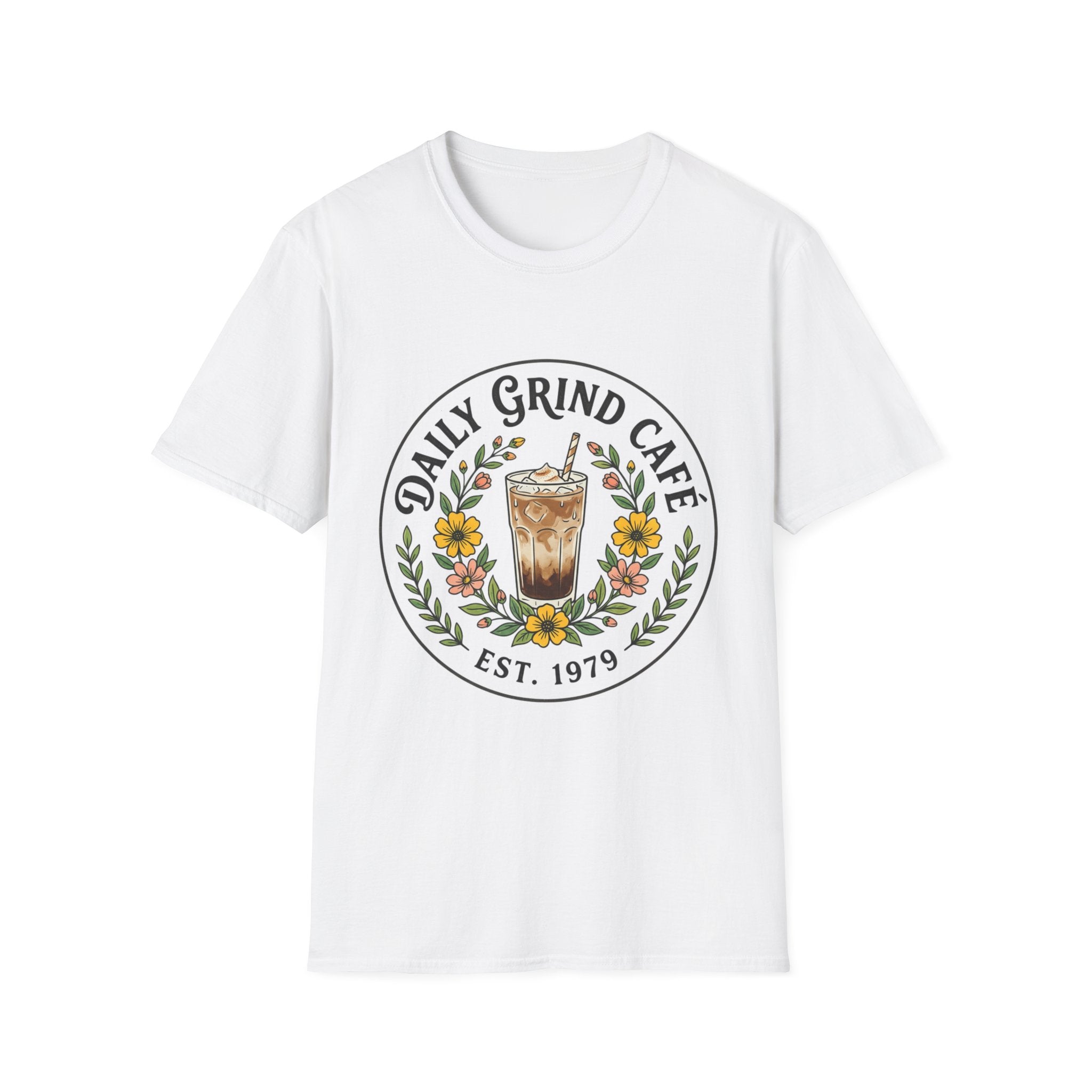 Front view of a white Daily Grind Cafe t-shirt with a vintage coffee logo, featuring an iced coffee surrounded by florals.