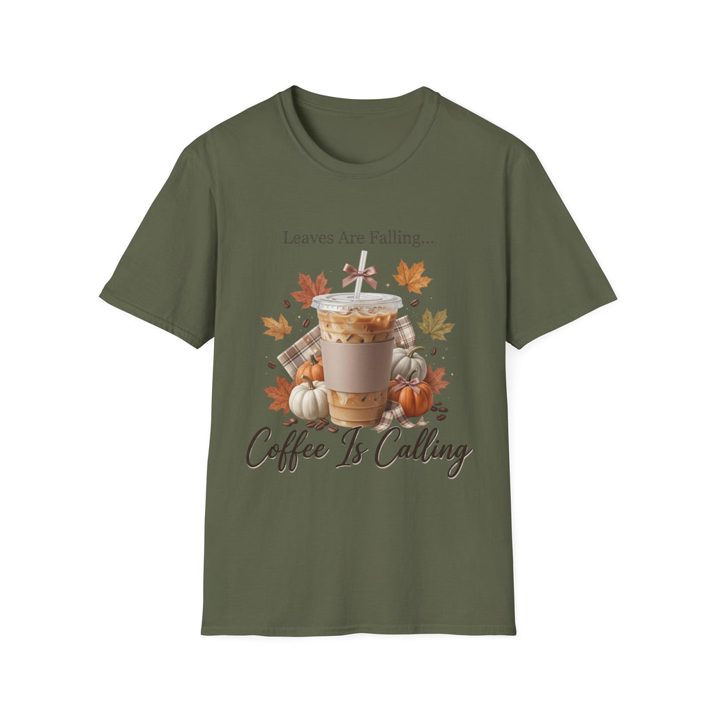 Front view of a green "Leaves Are Falling... Coffee Is Calling" Fall T-Shirt with an iced latte, pumpkins, and autumn leaves graphic.