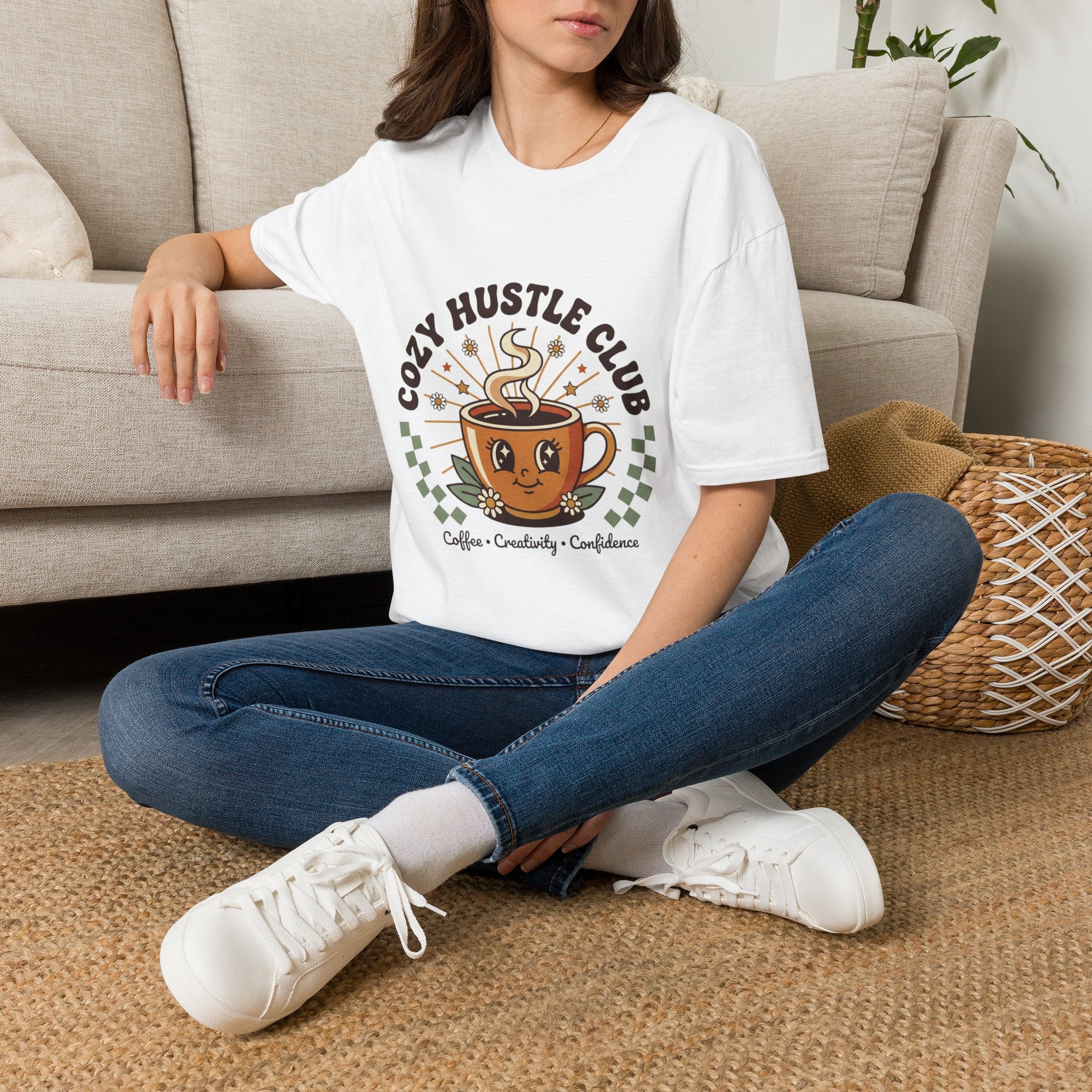 Cozy Hustle Club T-Shirt — Cute Coffee Cup Design for Remote Workers & Creatives