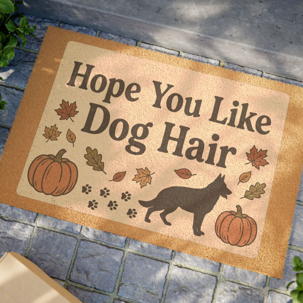 Autumn-themed "Hope You Like Dog Hair" doormat with pumpkins, leaves, paw prints, and a dog silhouette.