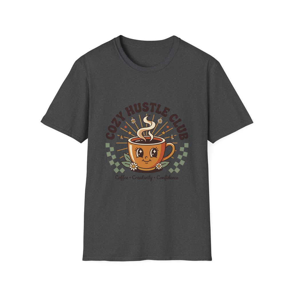 Cozy Hustle Club T-Shirt — Cute Coffee Cup Design for Remote Workers & Creatives