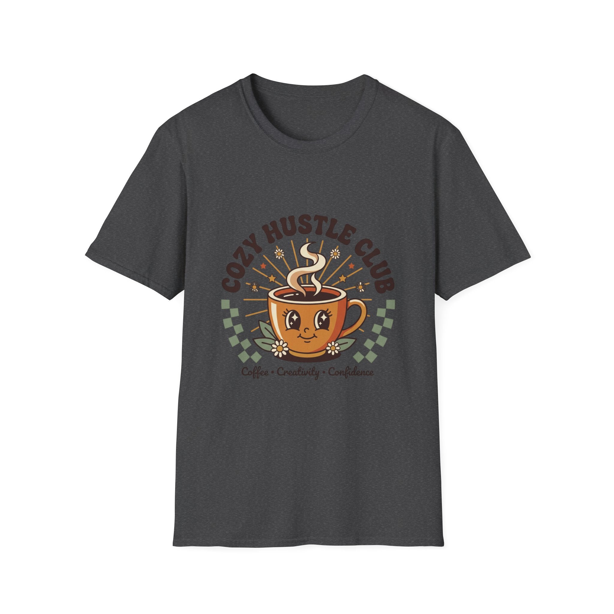 Cozy Hustle Club T-Shirt — Cute Coffee Cup Design for Remote Workers & Creatives