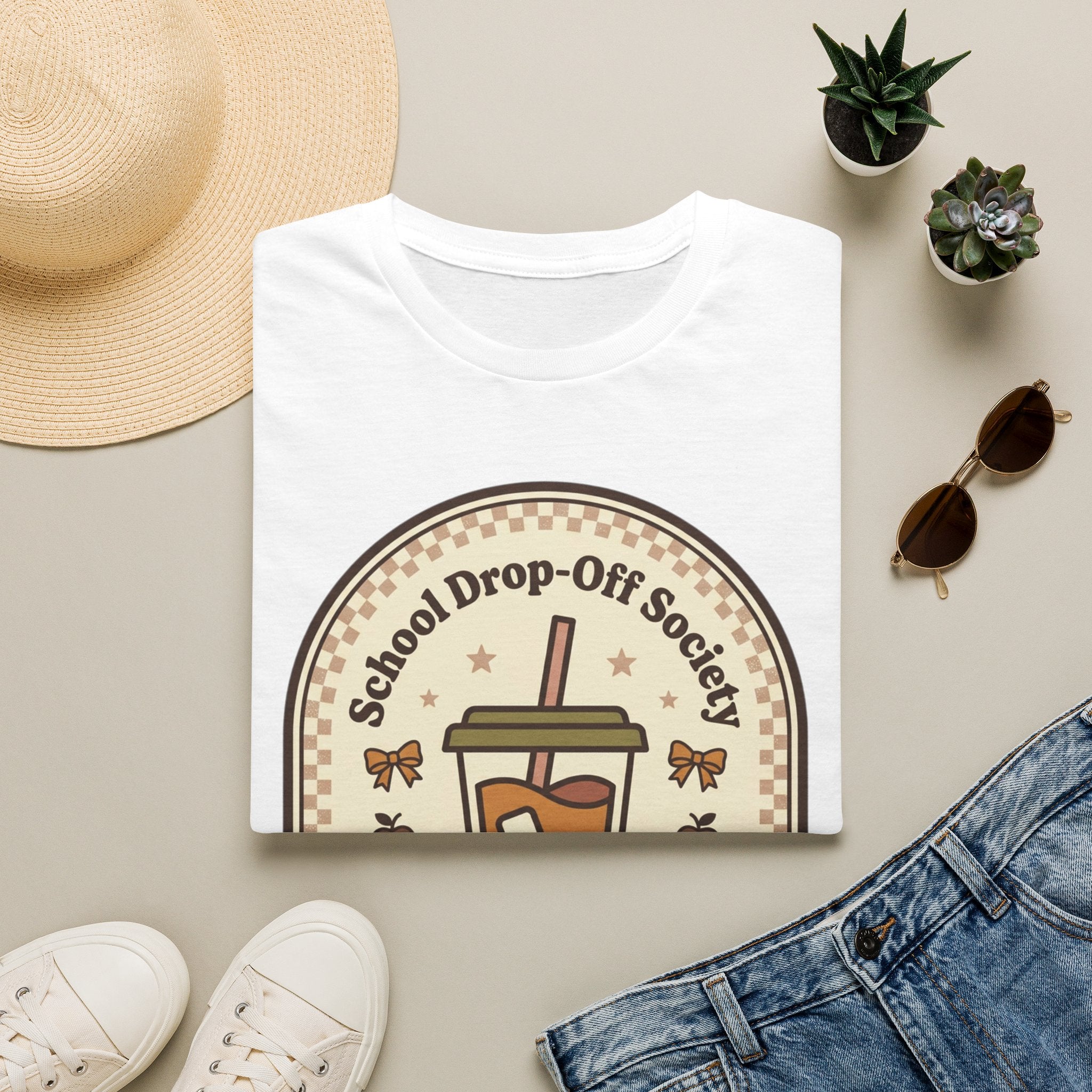 T-Shirt — "School Drop-Off Society" Iced Coffee Mom Shirt (Fueled by Caffeine Since 7:15 AM)