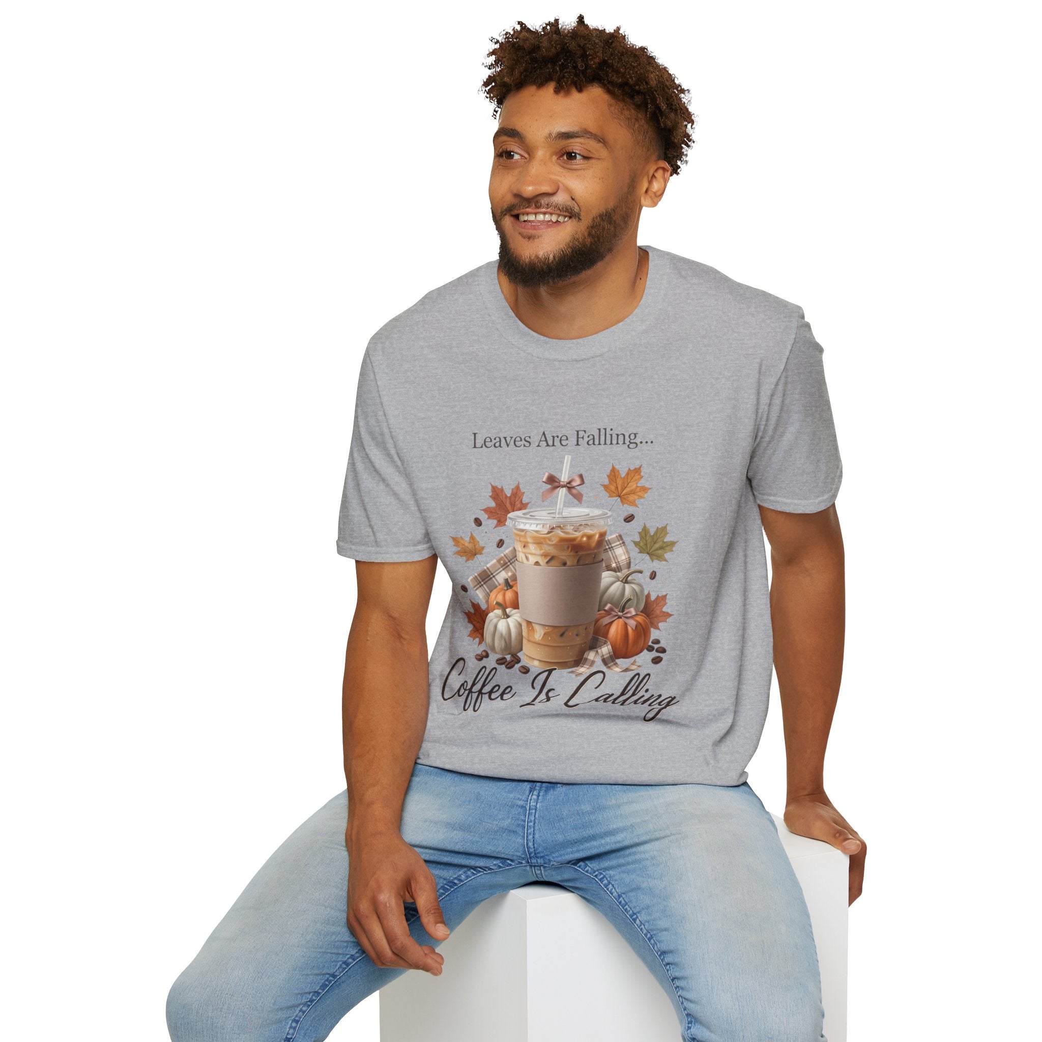 Front view of a man wearing a gray "Leaves Are Falling... Coffee Is Calling" t-shirt with a fall graphic.