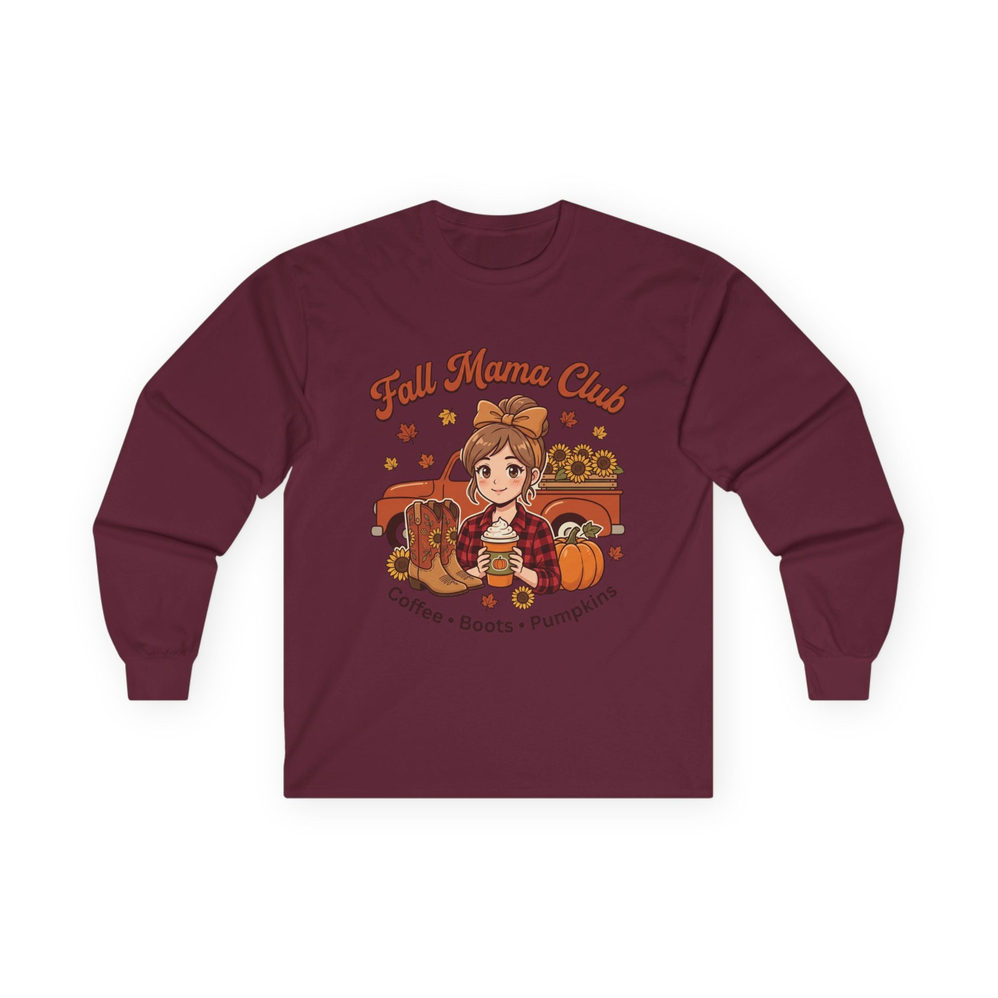 Fall Mama Club Long Sleeve Tee in maroon with a graphic of a woman, truck, boots, coffee, and pumpkins.