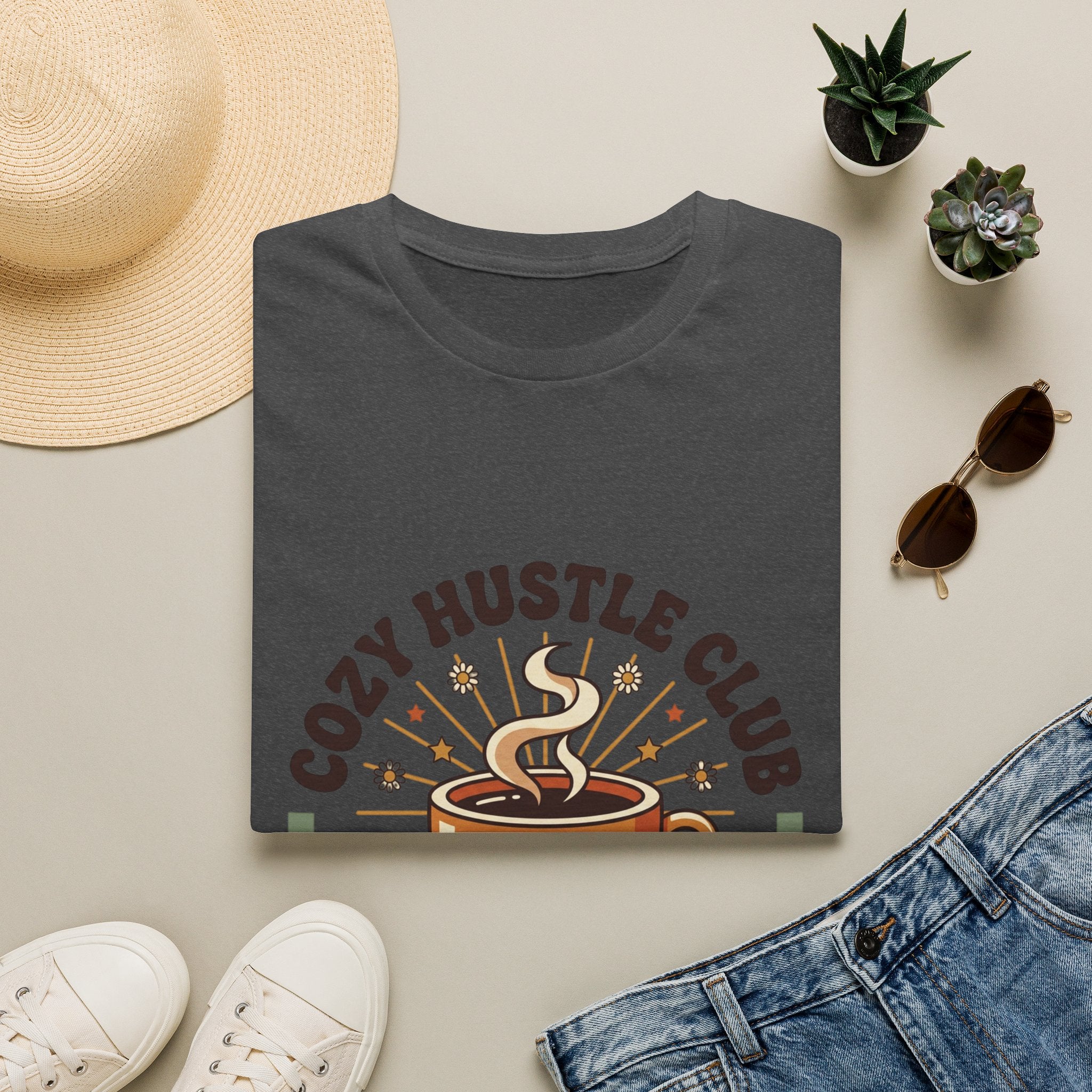 Cozy Hustle Club T-Shirt — Cute Coffee Cup Design for Remote Workers & Creatives